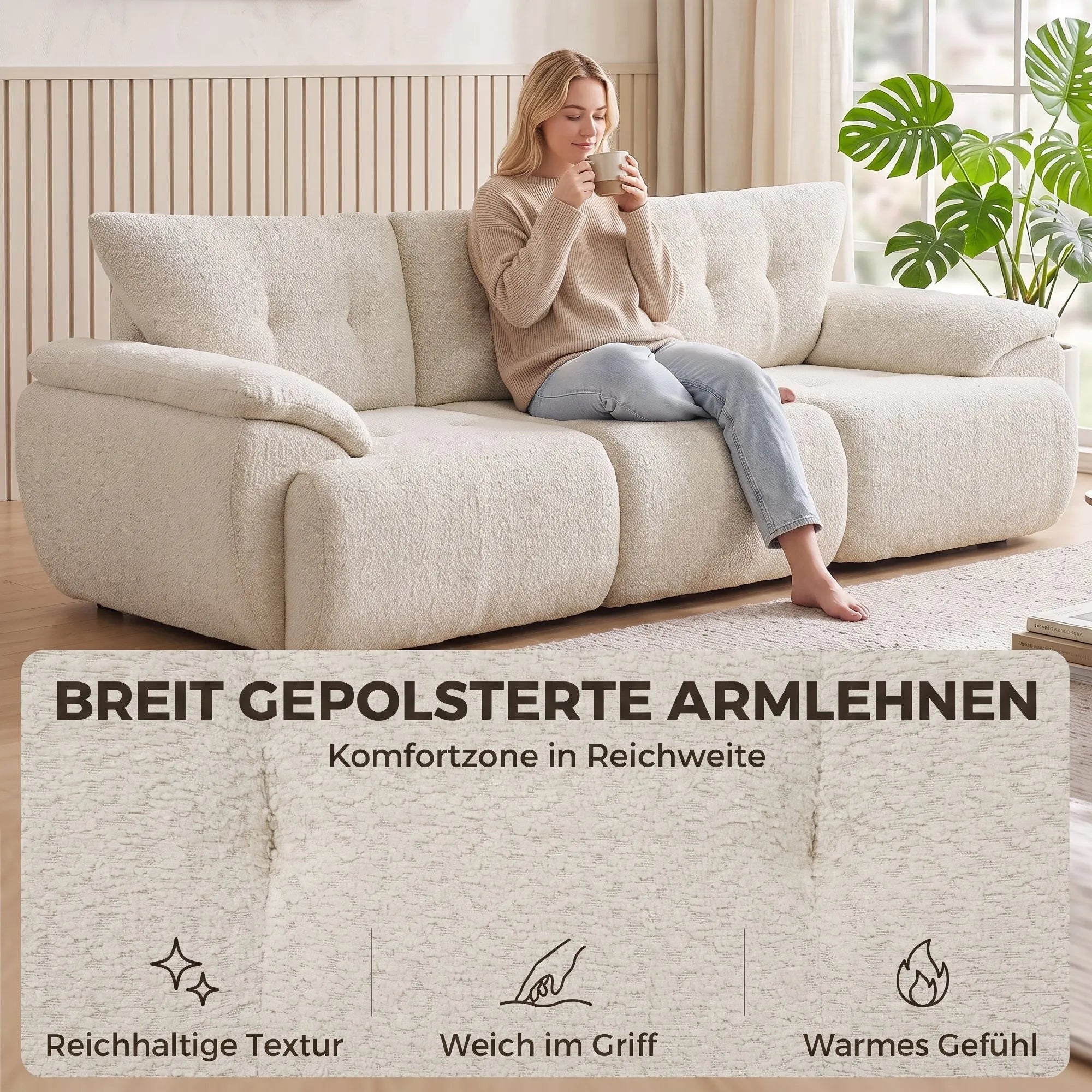 Trivietė sofa, 260 cm, modulinė, kreminės spalvos