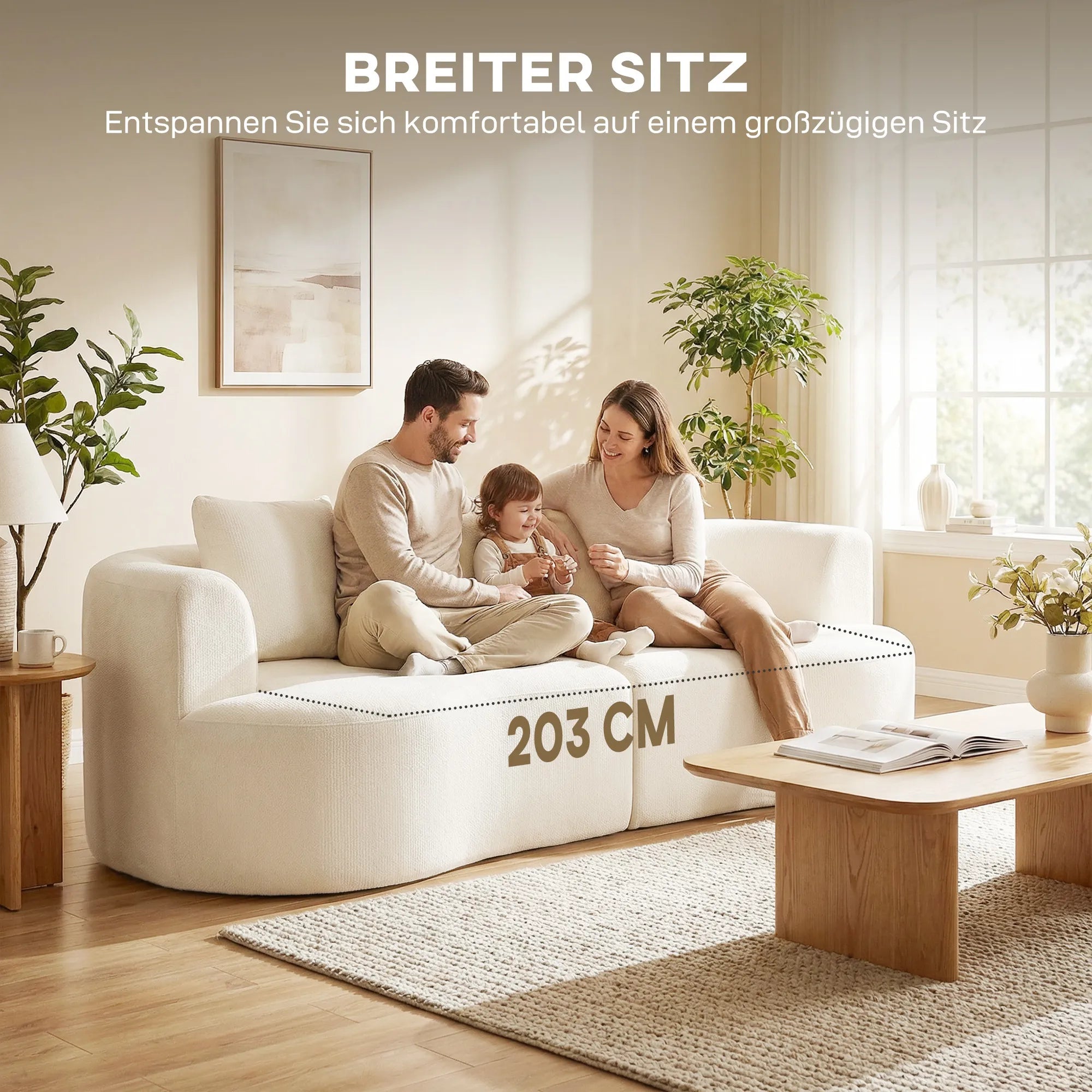 Trivietė sofa, 260 cm, švelnaus šenilo audinys, su pagalvėlėmis, kreminės baltos spalvos, iki 360 kg
