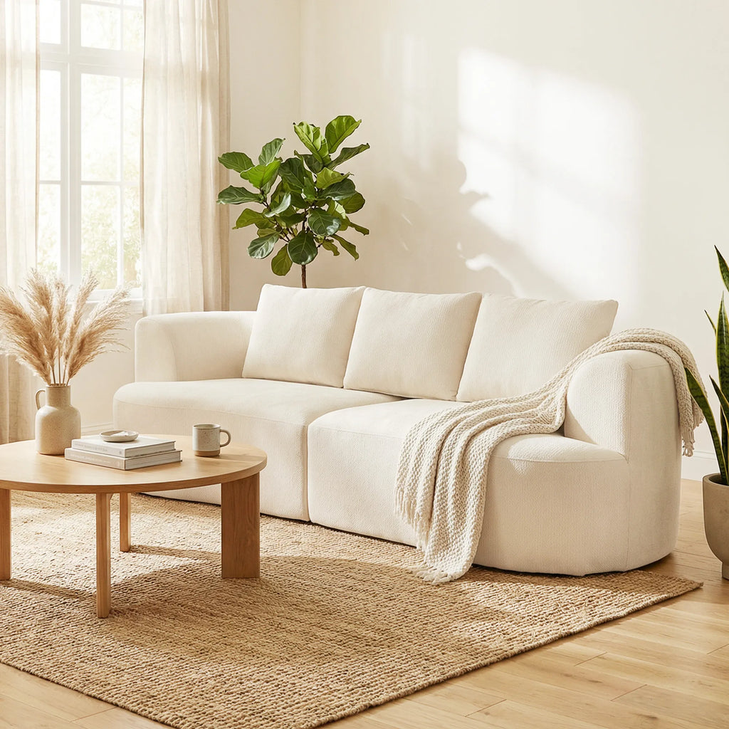 Trivietė sofa, 260 cm, švelnaus šenilo audinys, su pagalvėlėmis, kreminės baltos spalvos, iki 360 kg