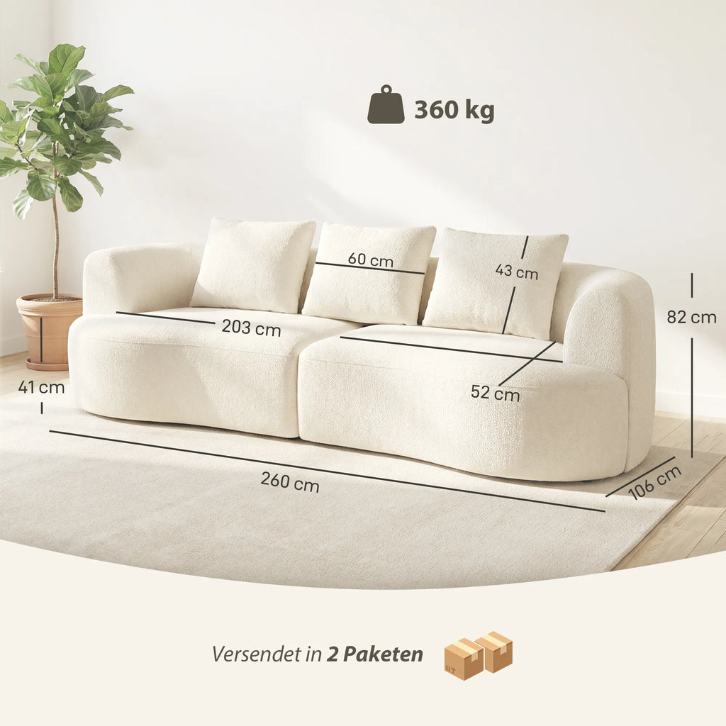 Trivietė sofa, 260 cm, švelnaus šenilo audinys, su pagalvėlėmis, kreminės baltos spalvos, iki 360 kg