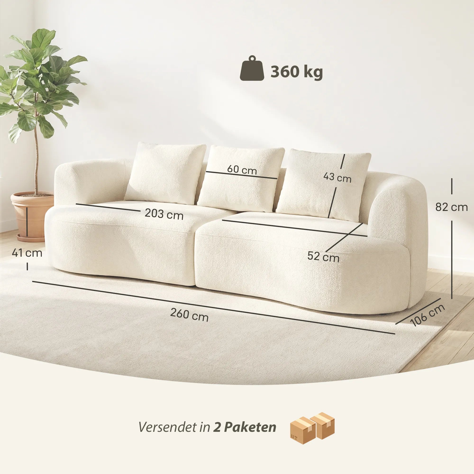 Trivietė sofa, 260 cm, švelnaus šenilo audinys, su pagalvėlėmis, kreminės baltos spalvos, iki 360 kg