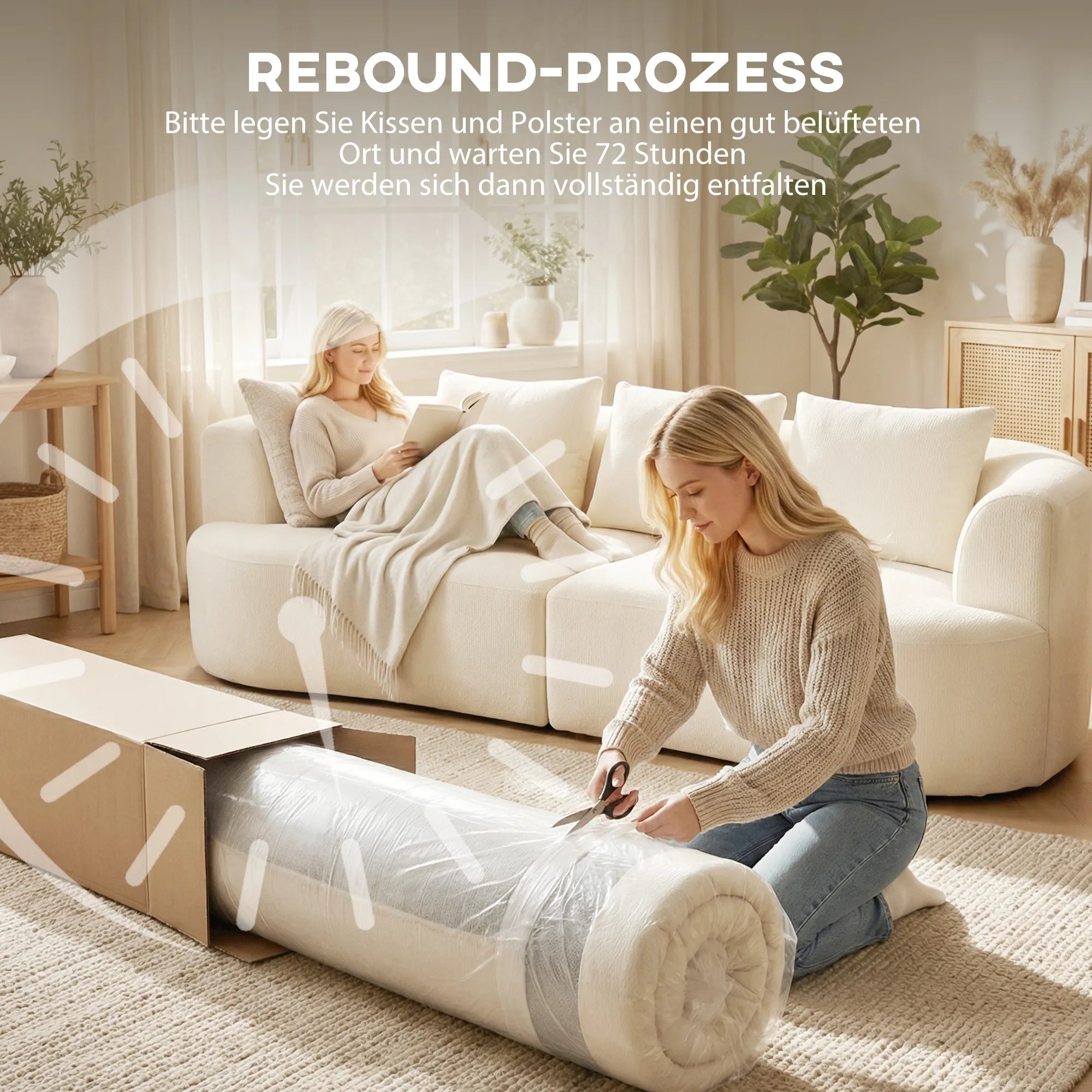 Trivietė sofa, 260 cm, švelnaus šenilo audinys, su pagalvėlėmis, kreminės baltos spalvos, iki 360 kg