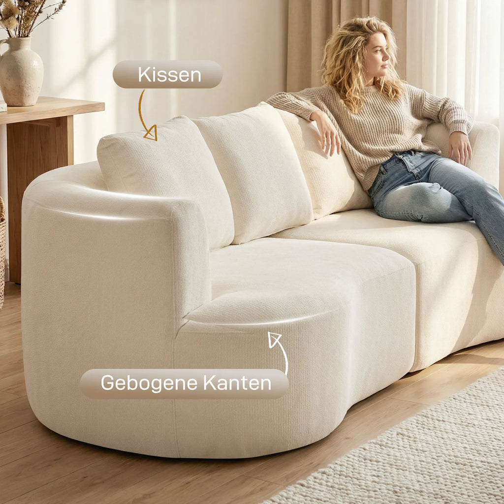 Trivietė sofa, 260 cm, švelnaus šenilo audinys, su pagalvėlėmis, kreminės baltos spalvos, iki 360 kg