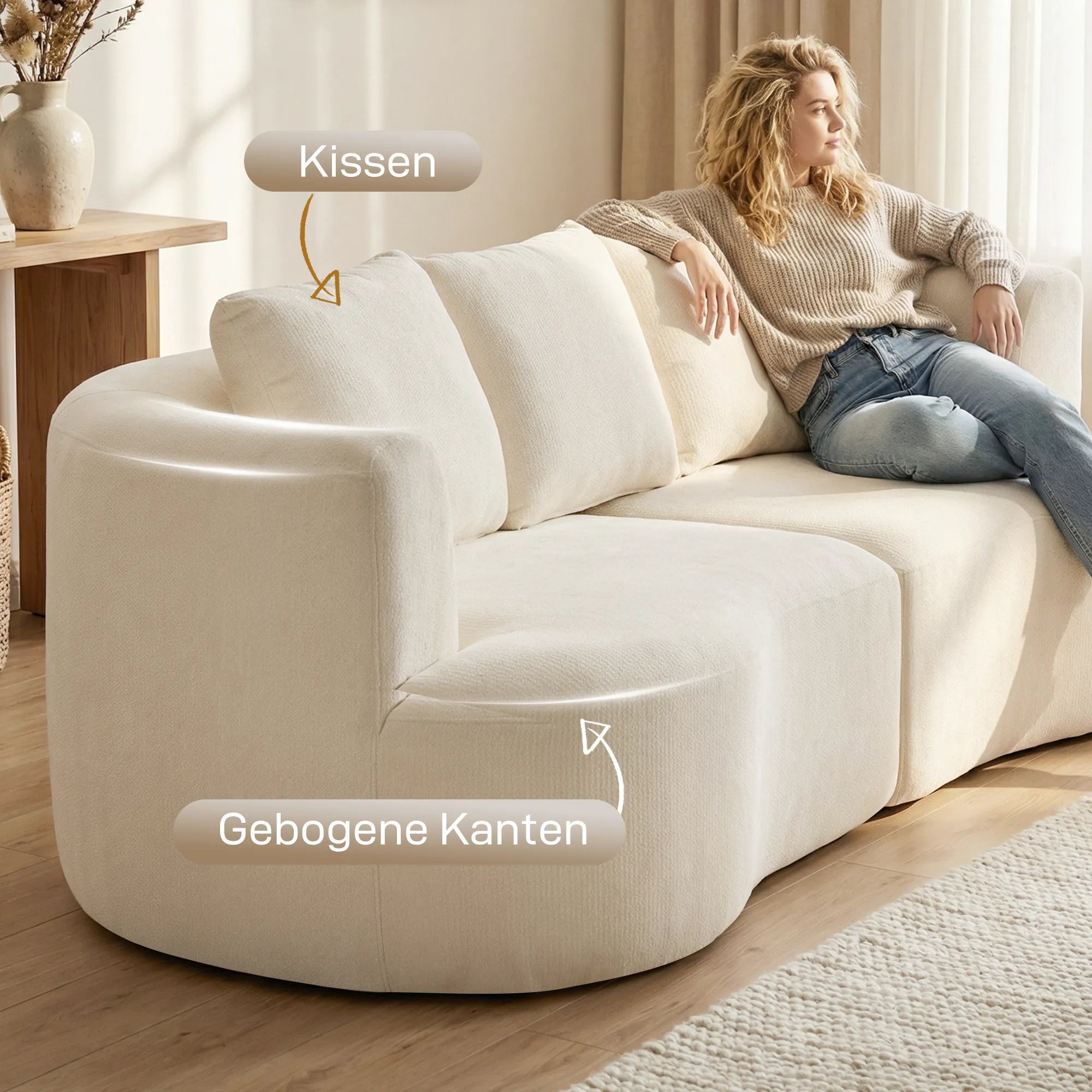 Trivietė sofa, 260 cm, švelnaus šenilo audinys, su pagalvėlėmis, kreminės baltos spalvos, iki 360 kg