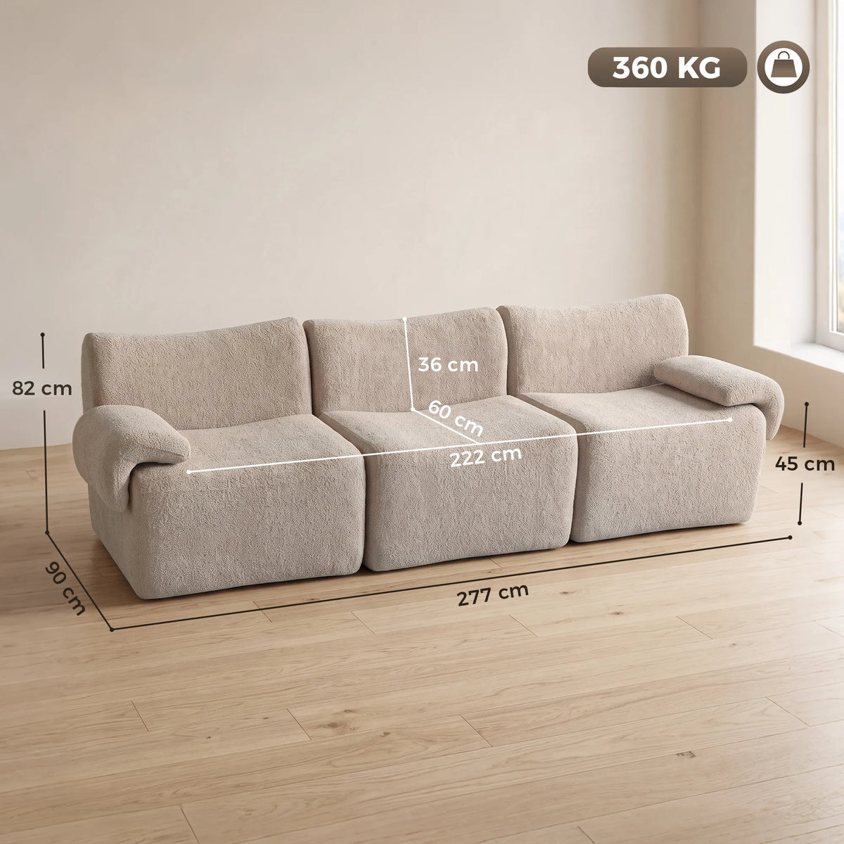 Sofos matmenų schema su aukščiu, gyliu ir 360 kg apkrova