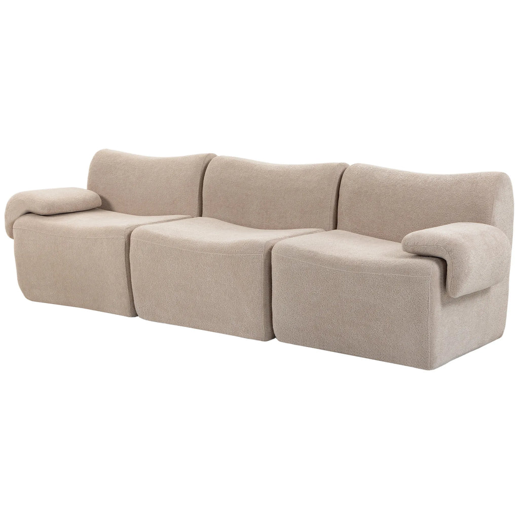 Trivietė sofa iš šenilio, modulinė, plati ir gili, smėlio spalvos