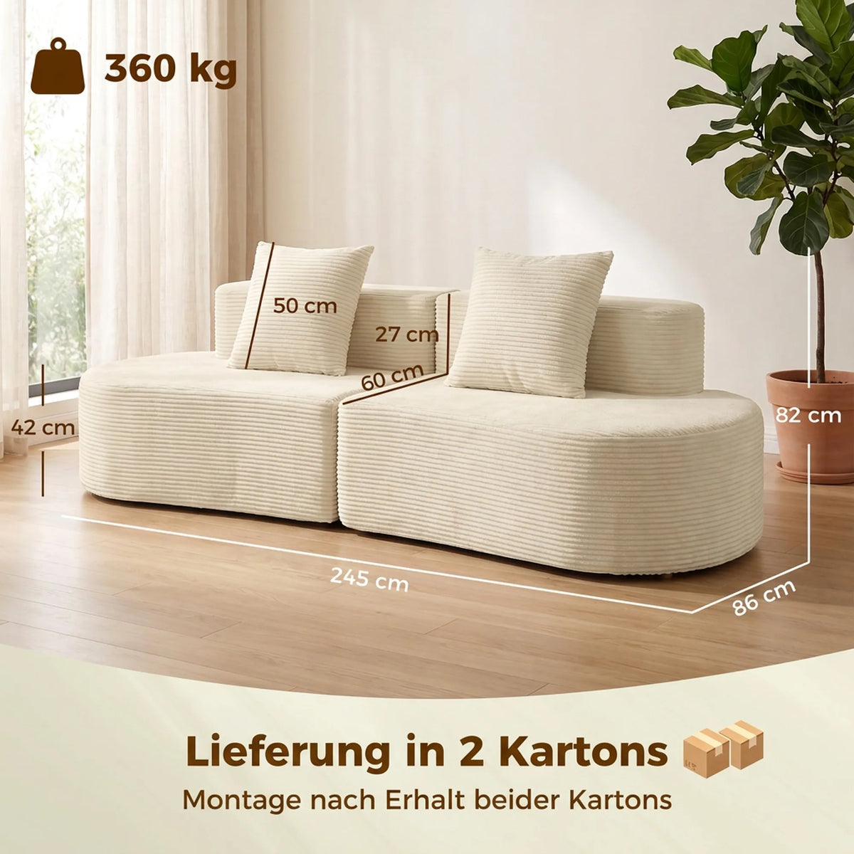 Trivietė sofa, modulinė, be standaus rėmo, rumbuotas pliušas, smėlio spalvos