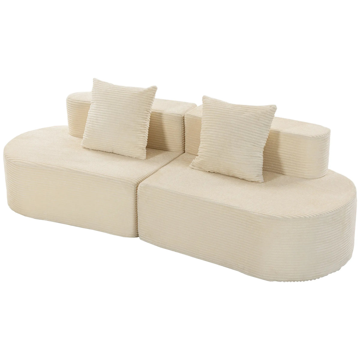 Trivietė sofa, modulinė, be standaus rėmo, rumbuotas pliušas, smėlio spalvos