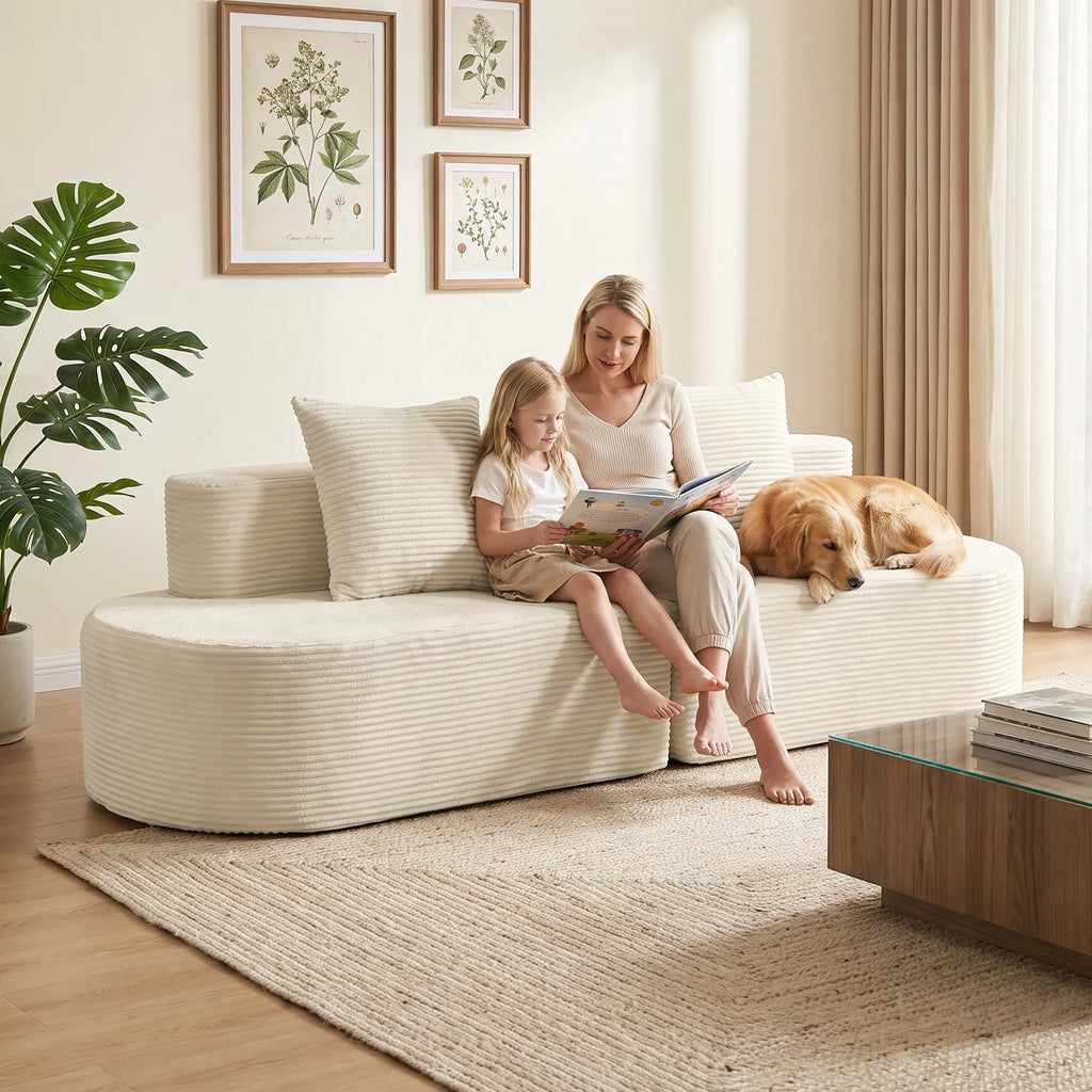 Trivietė sofa, modulinė, be standaus rėmo, rumbuotas pliušas, smėlio spalvos