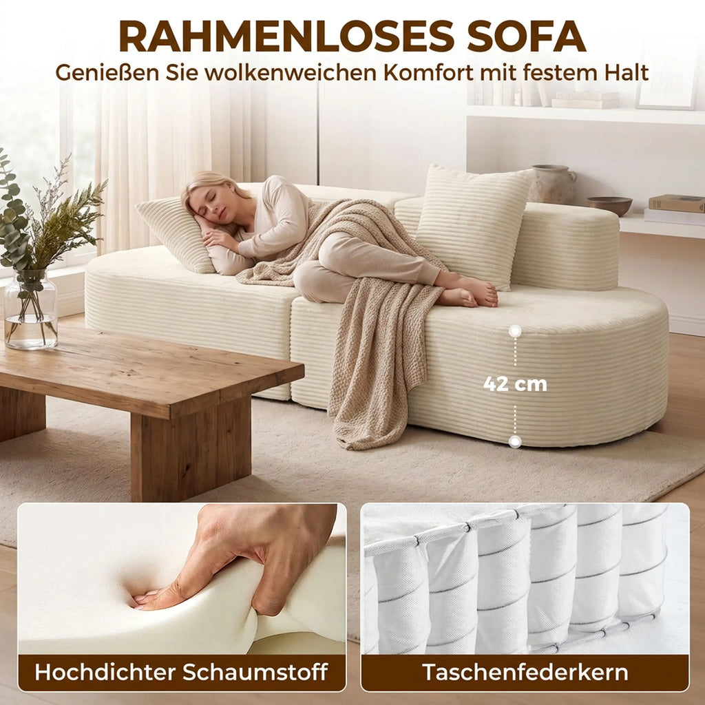 Trivietė sofa, modulinė, be standaus rėmo, rumbuotas pliušas, smėlio spalvos