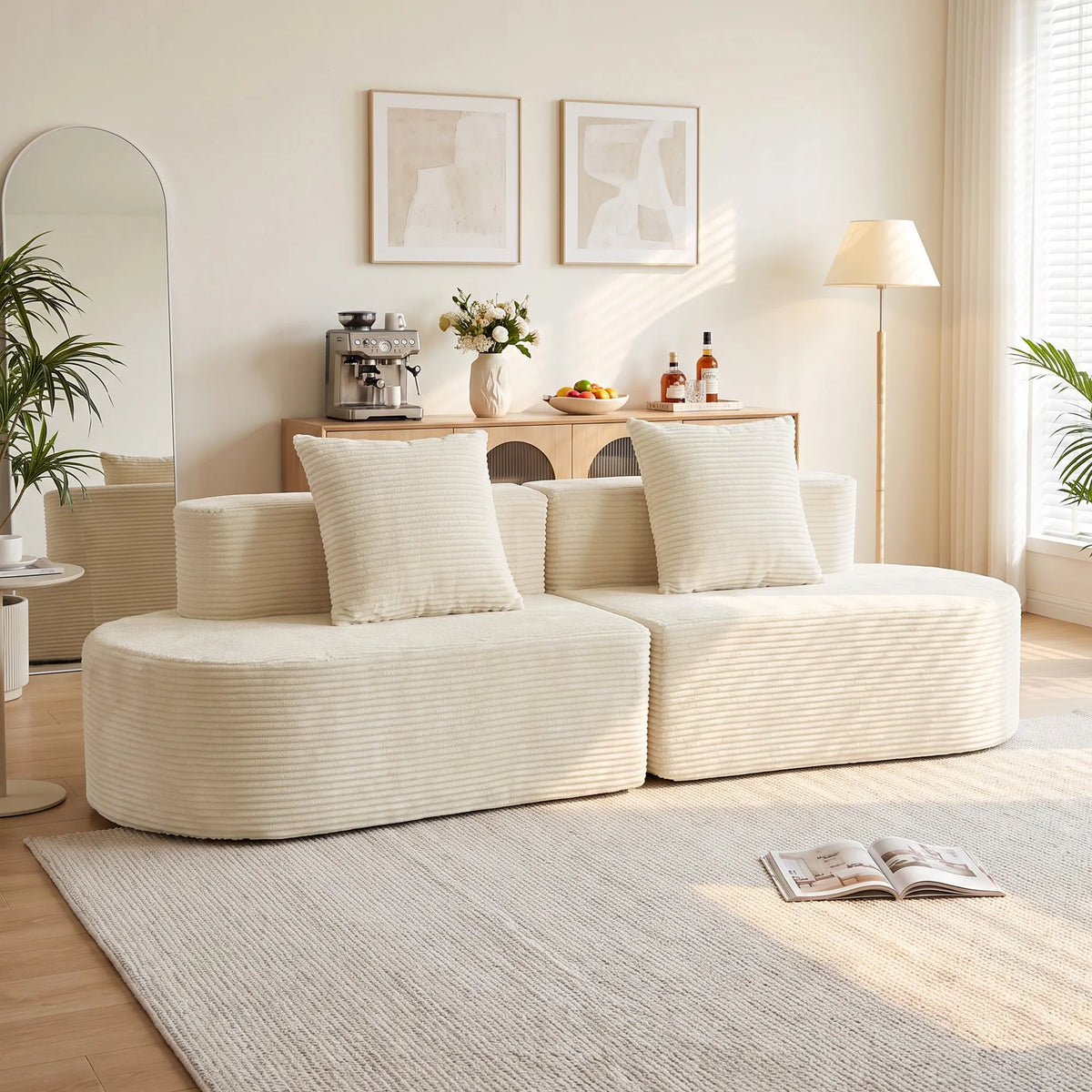 Trivietė sofa, modulinė, be standaus rėmo, rumbuotas pliušas, smėlio spalvos