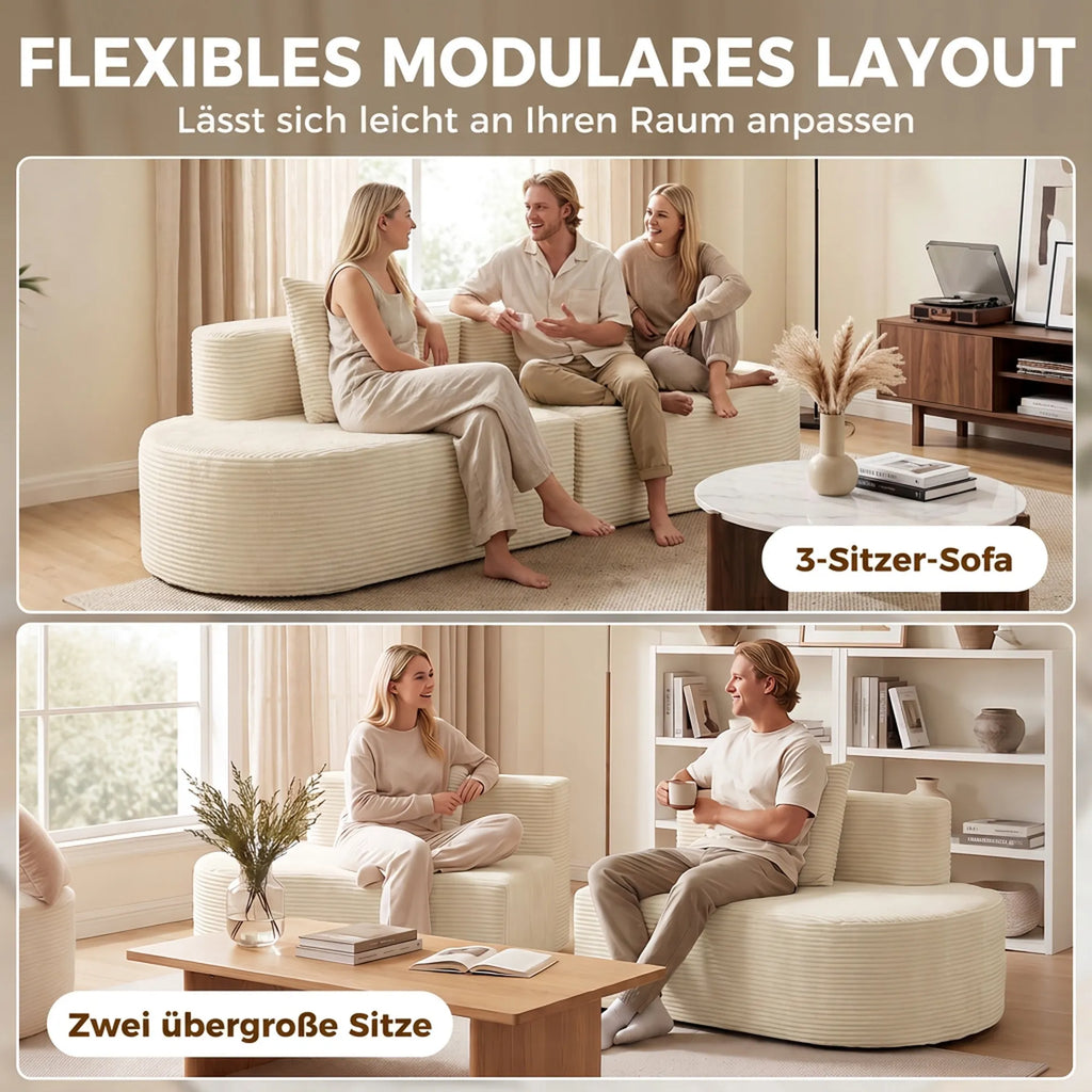 Trivietė sofa, modulinė, be standaus rėmo, rumbuotas pliušas, smėlio spalvos