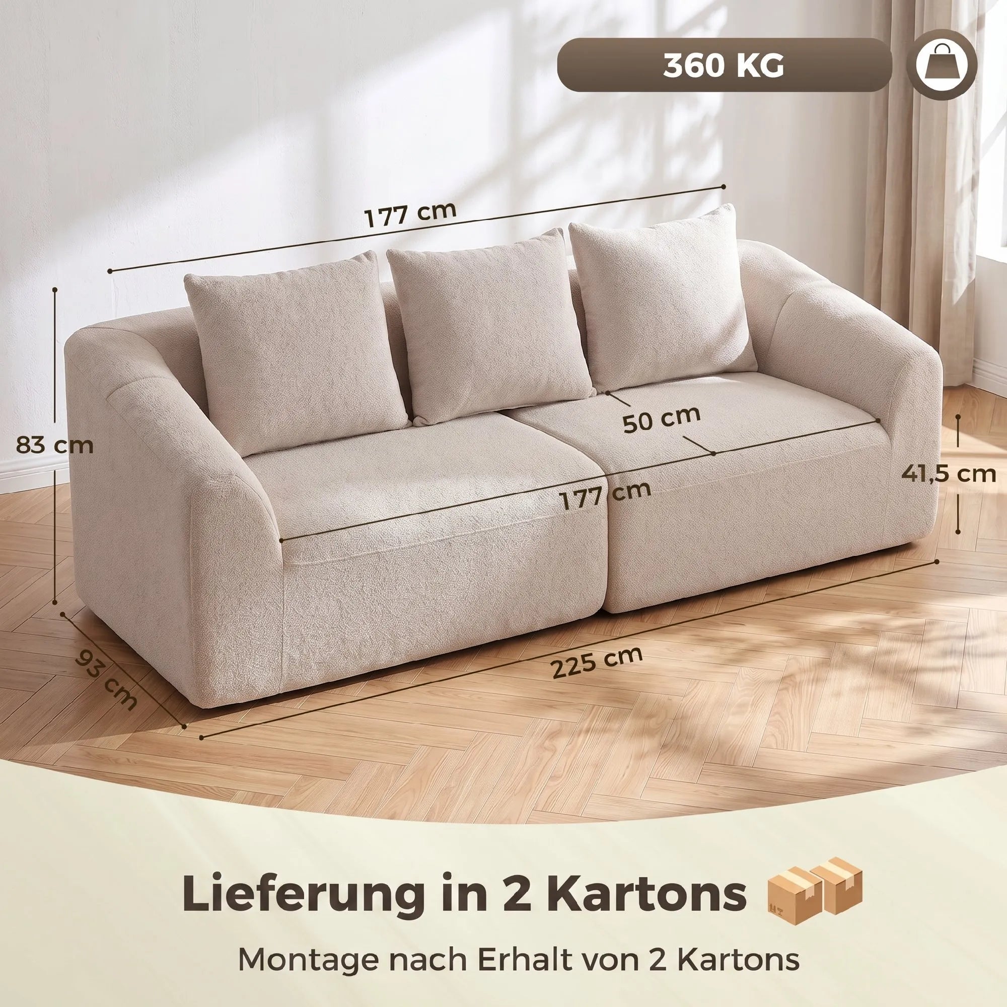 Trivietė sofa, smėlio spalvos