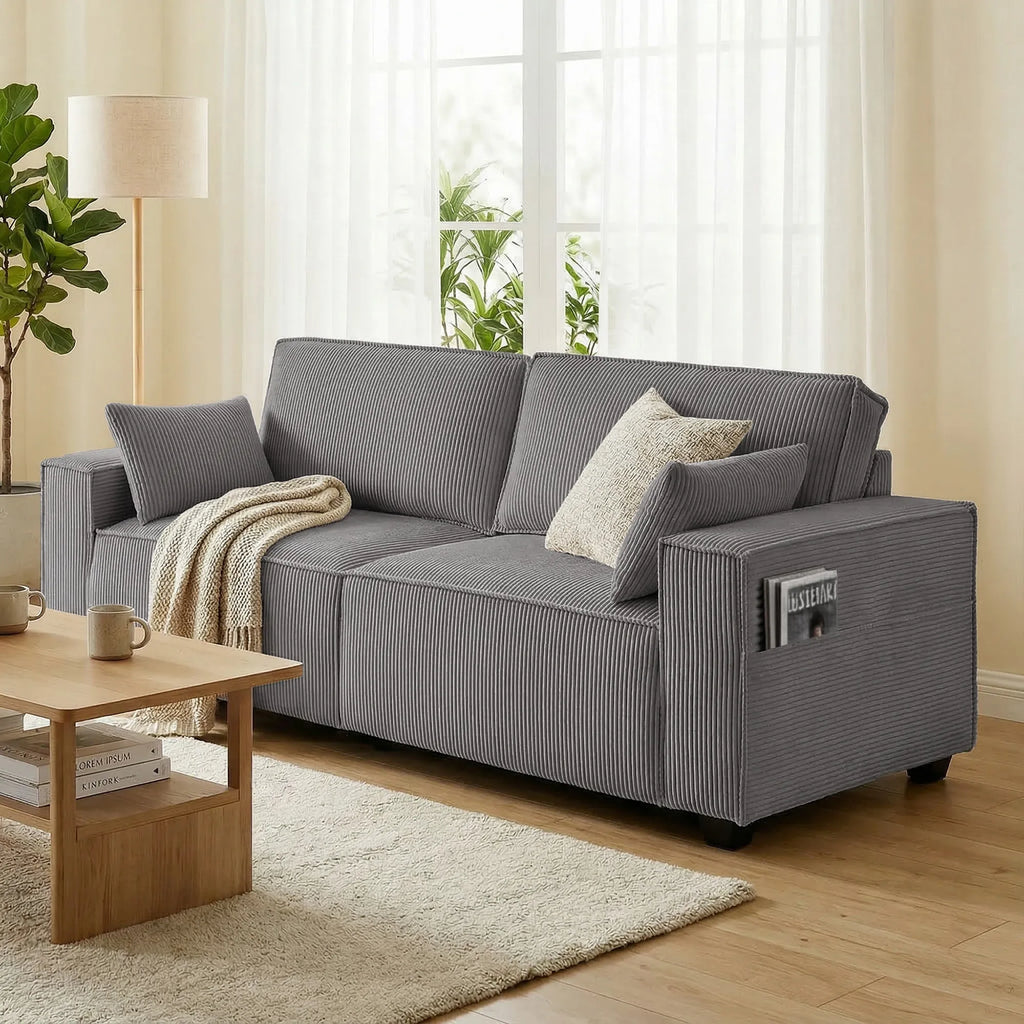 Trivietė sofa su kojelėmis, 218 cm, pilka