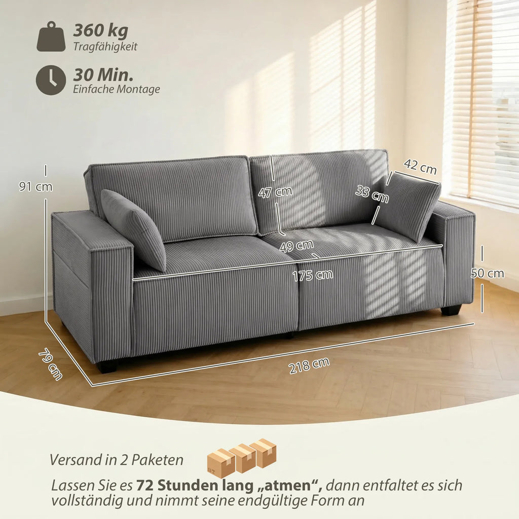 Trivietė sofa su kojelėmis, 218 cm, pilka