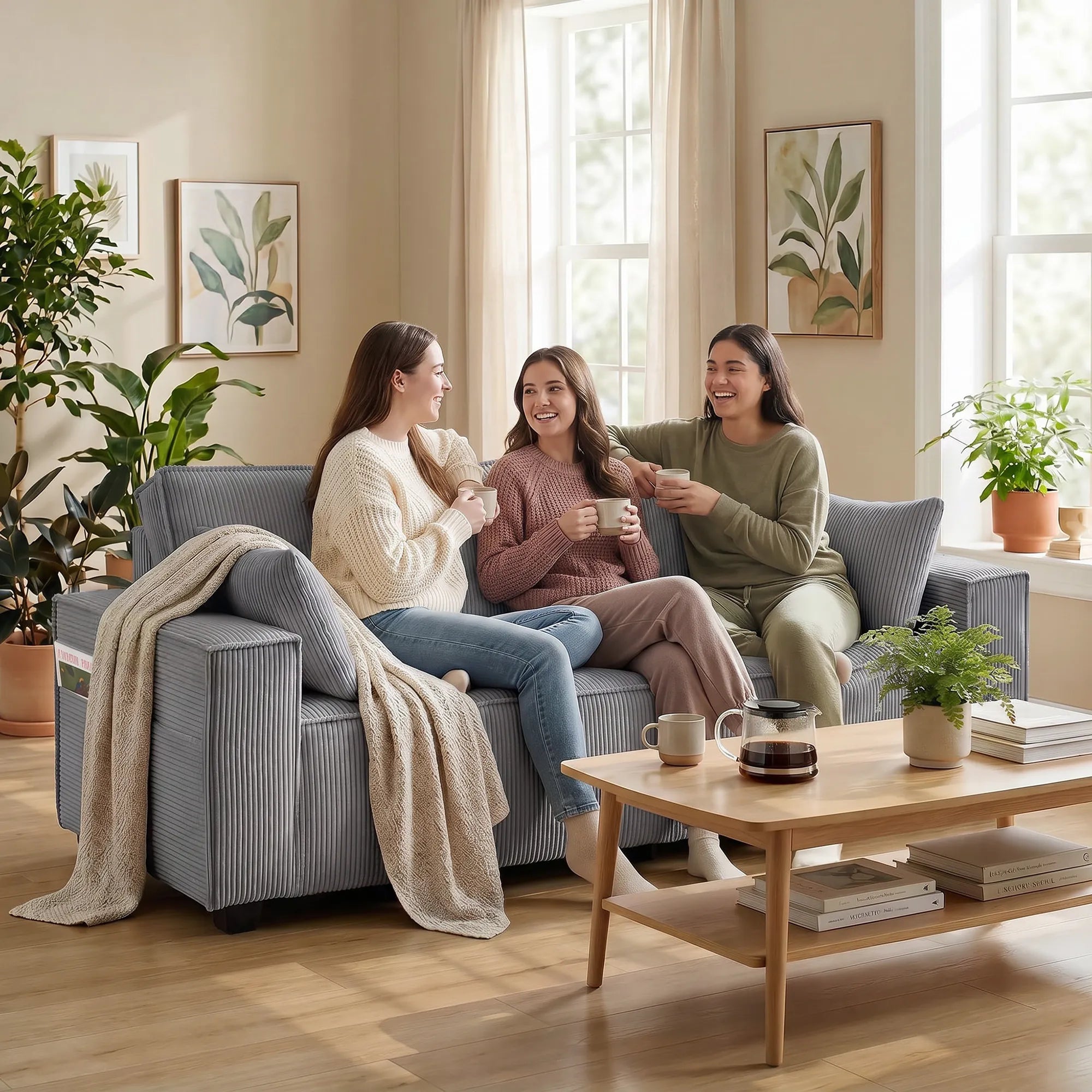 Trivietė sofa su kojelėmis, 218 cm, pilka