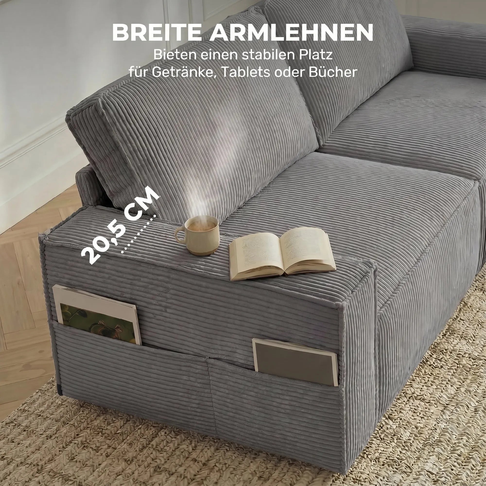 Trivietė sofa su kojelėmis, 218 cm, pilka