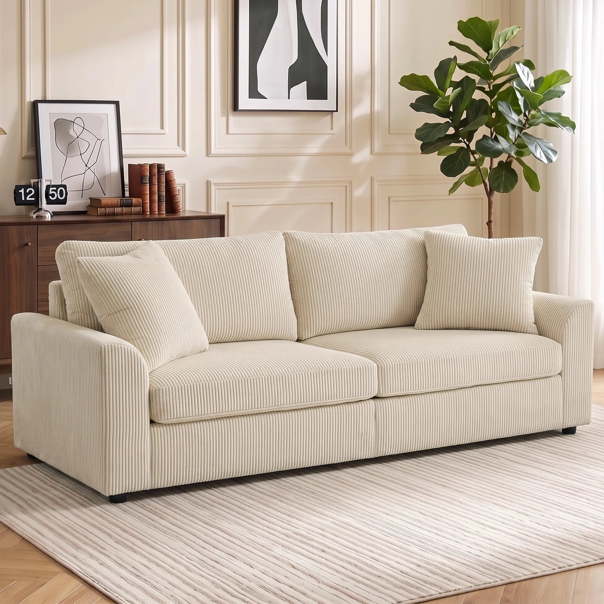 Trivietė sofa su pagalvėlėmis, 212 cm, kreminės spalvos