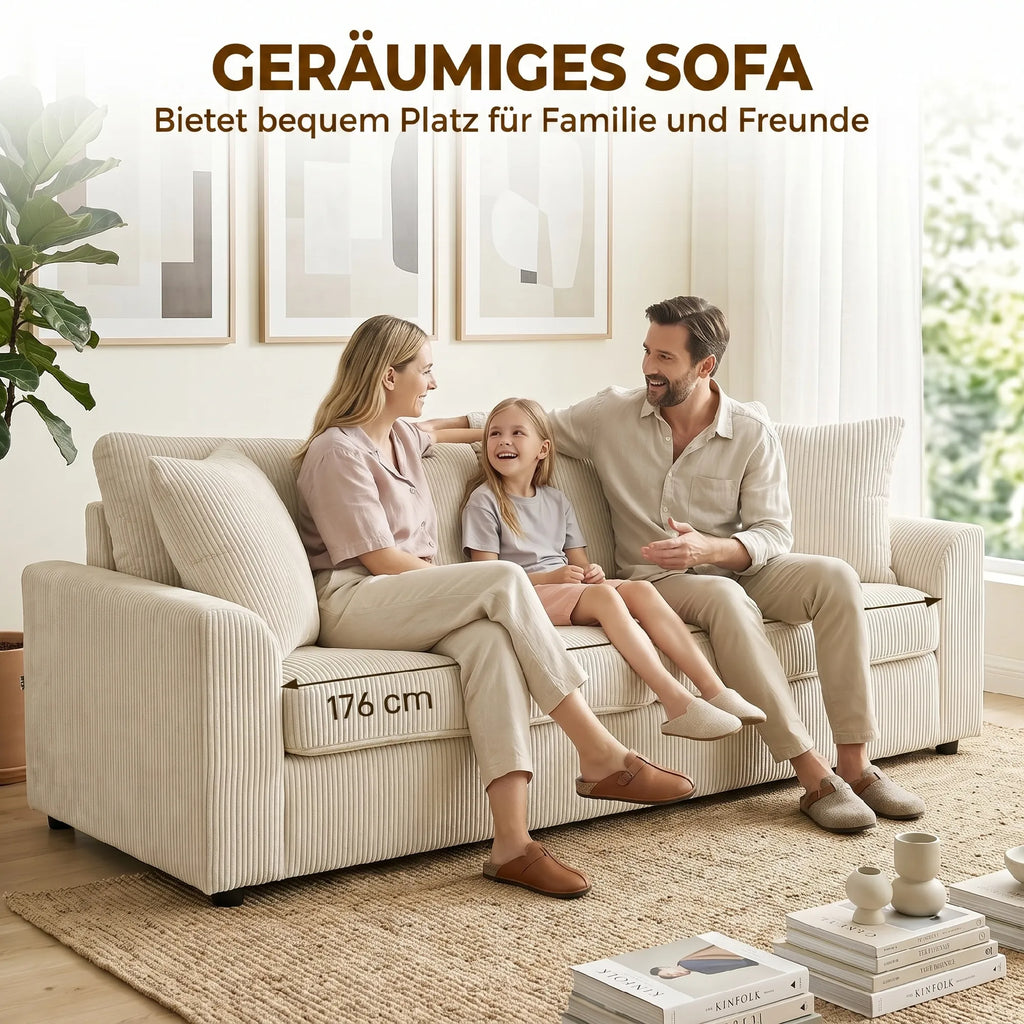 Trivietė sofa su pagalvėlėmis, 212 cm, kreminės spalvos