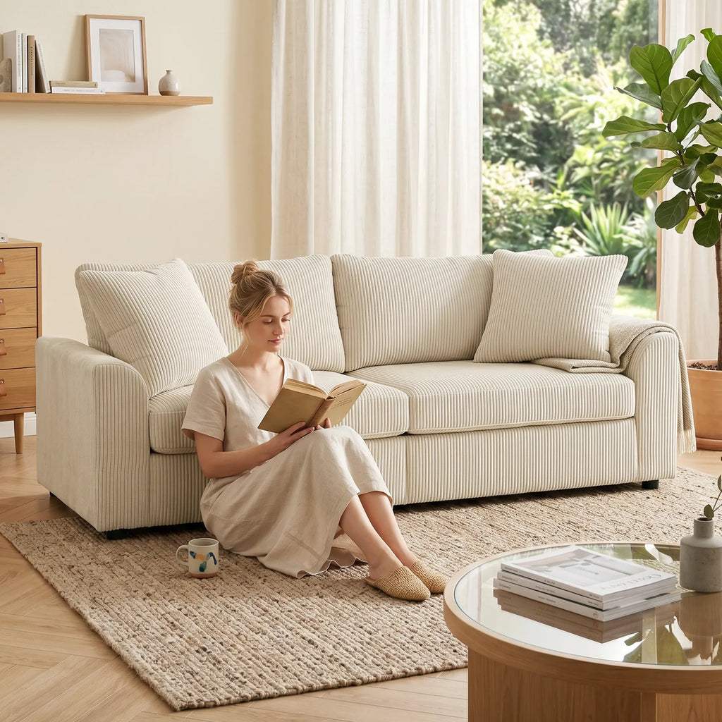 Trivietė sofa su pagalvėlėmis, 212 cm, kreminės spalvos