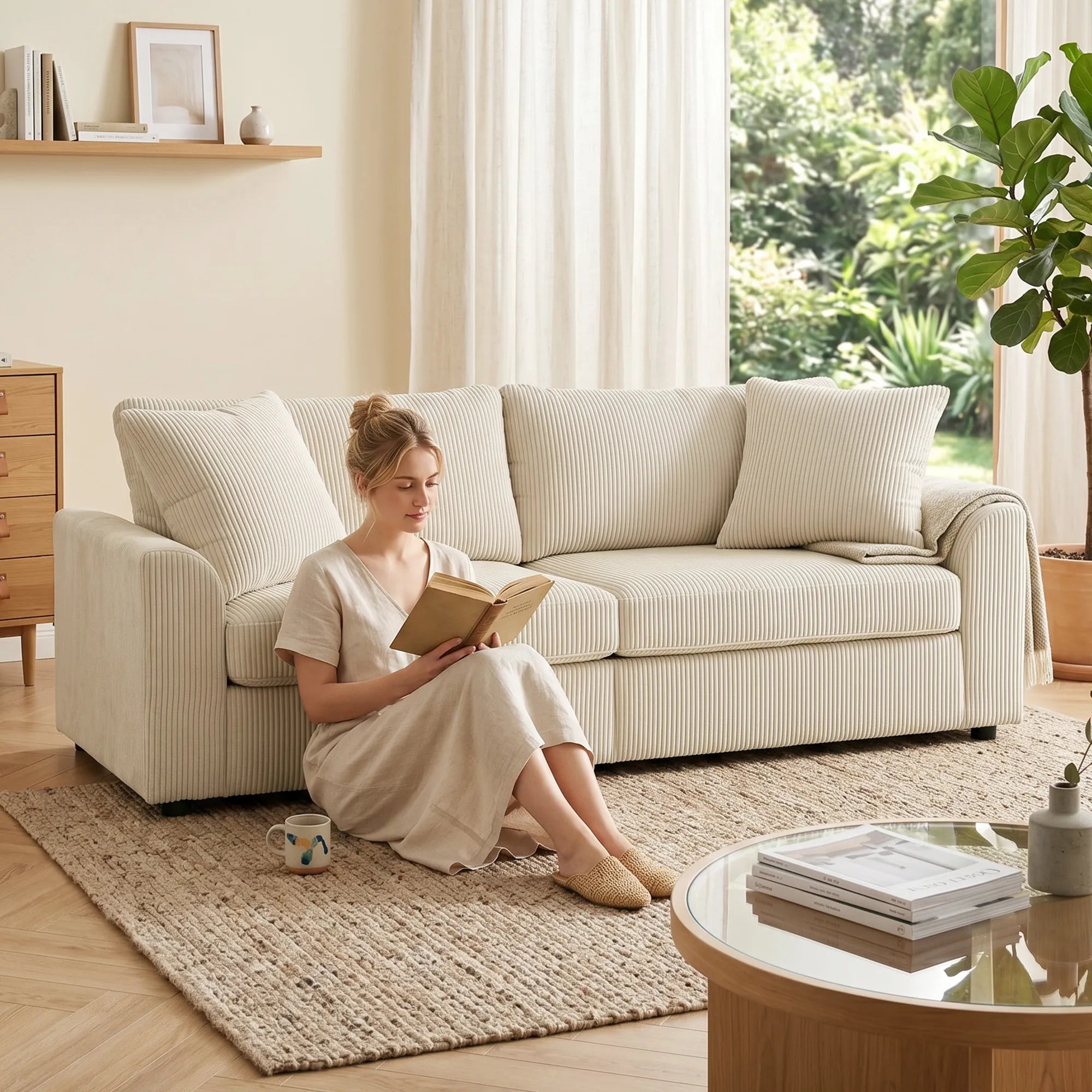 Trivietė sofa su pagalvėlėmis, 212 cm, kreminės spalvos