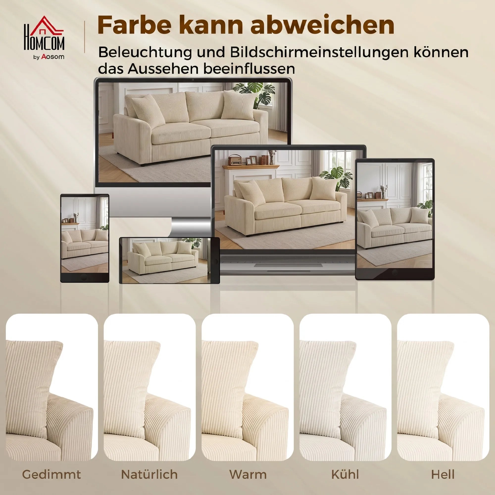 Trivietė sofa su pagalvėlėmis, 212 cm, kreminės spalvos