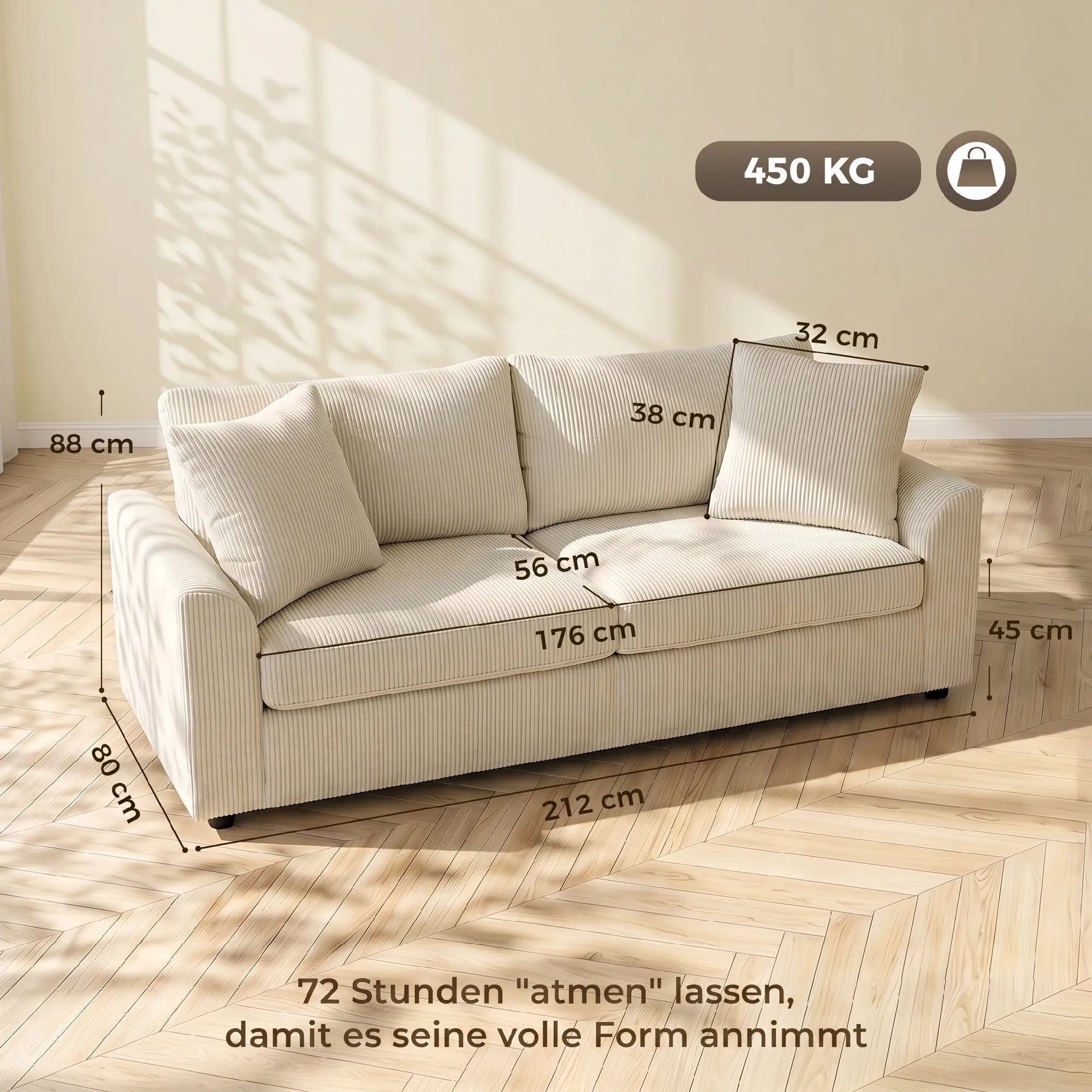 Trivietė sofa su pagalvėlėmis, 212 cm, kreminės spalvos