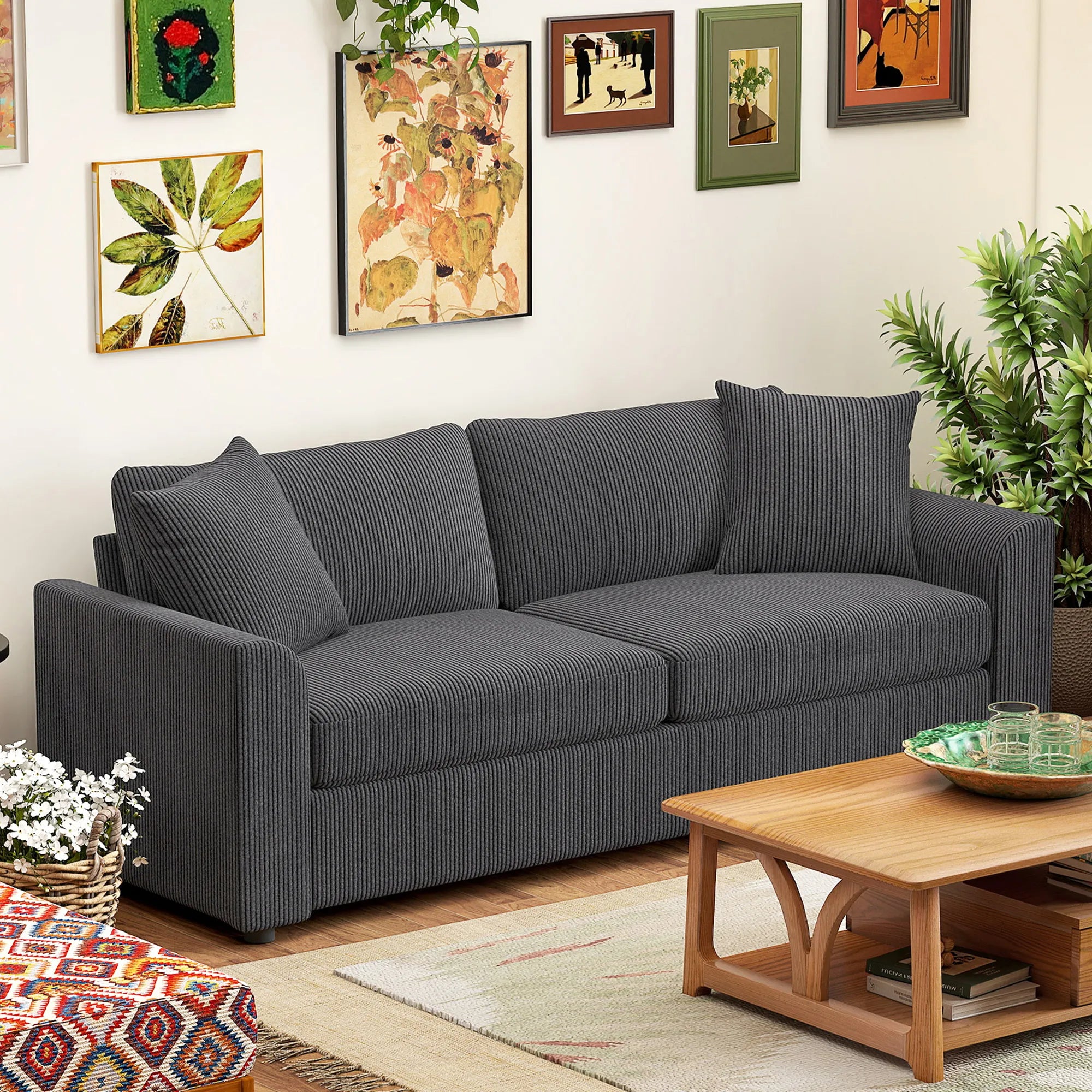 Trivietė sofa su pagalvėlėmis, 212 cm, tamsiai pilka