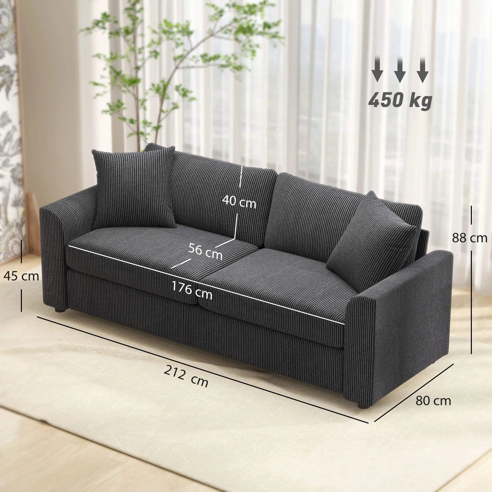 Trivietė sofa su pagalvėlėmis, 212 cm, tamsiai pilka