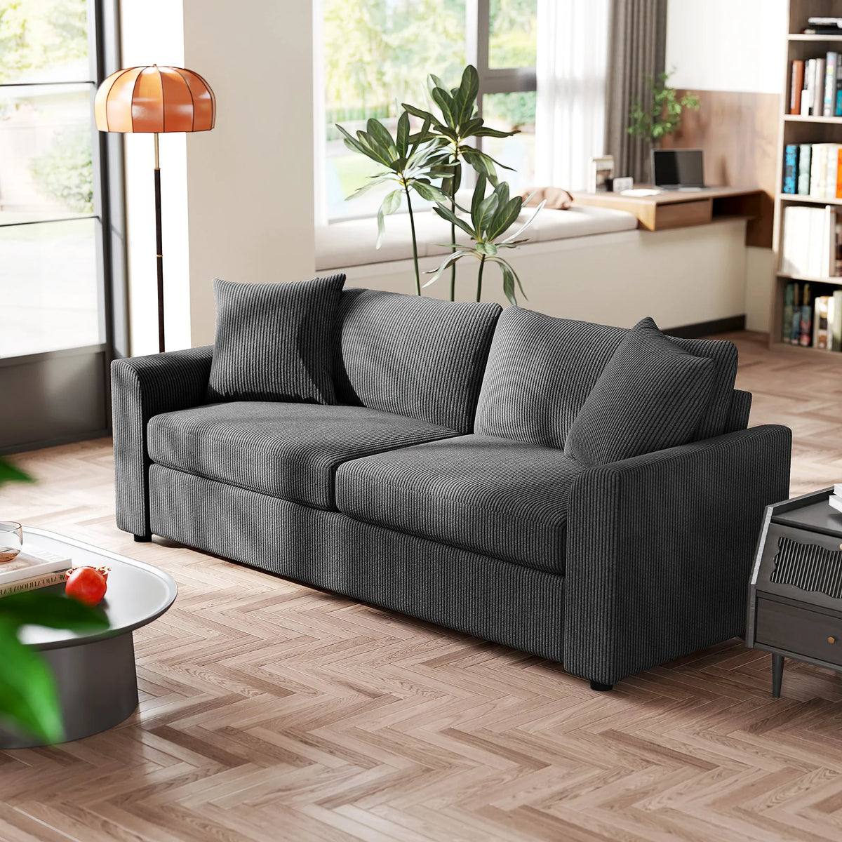 Trivietė sofa su pagalvėlėmis, 212 cm, tamsiai pilka