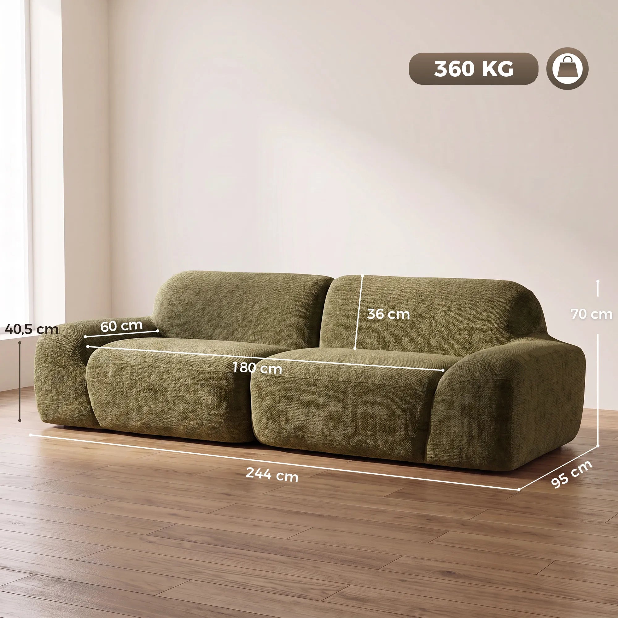 Trivietė sofa, su plačia sėdimąja dalimi, iki 360 kg, tamsiai žalia