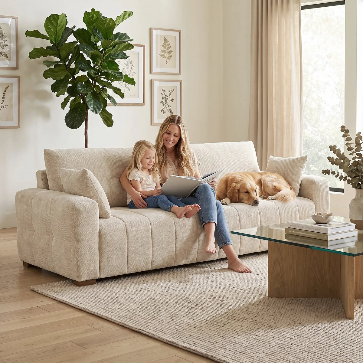 Trivietė sofa su porankiais iki grindų, kreminės baltos spalvos