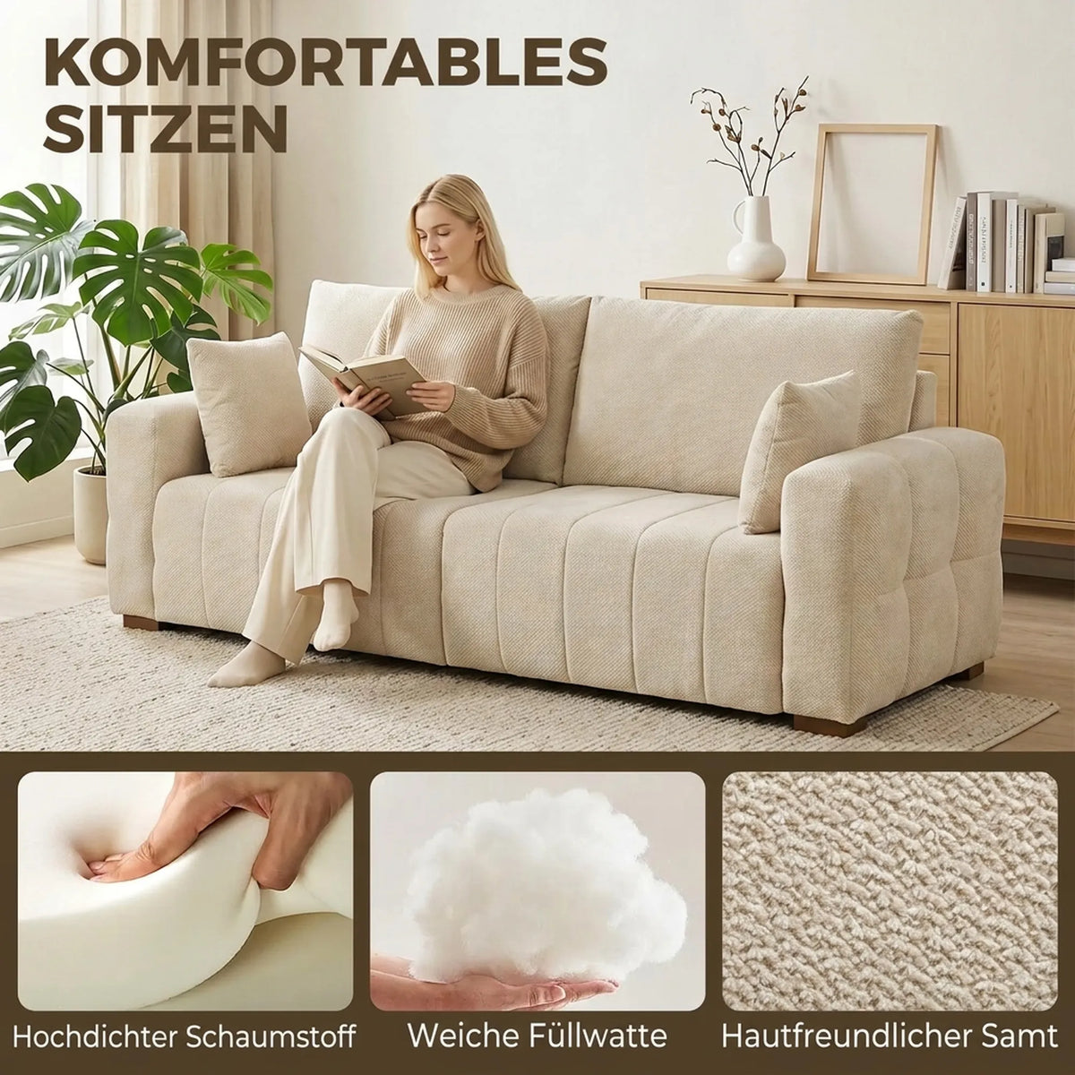 Trivietė sofa su porankiais iki grindų, kreminės baltos spalvos