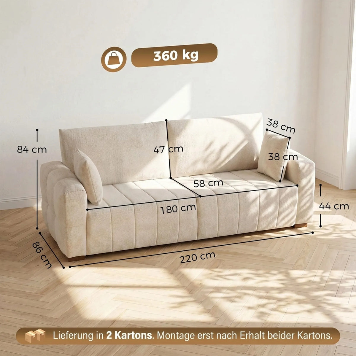 Trivietė sofa su porankiais iki grindų, kreminės baltos spalvos