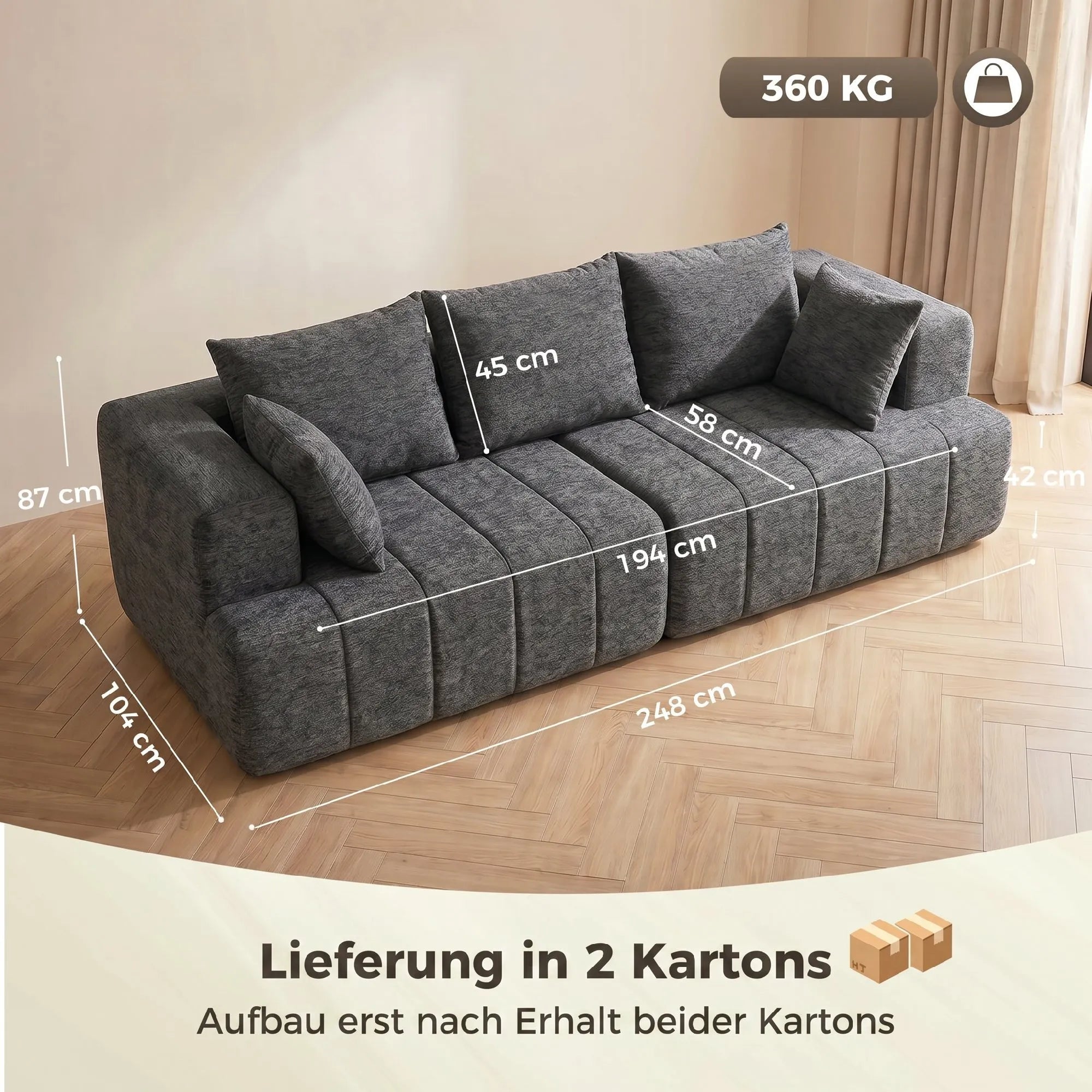 Trivietė sofa, su veliūriniu audiniu ir kišeninėmis spyruoklėmis, pilka