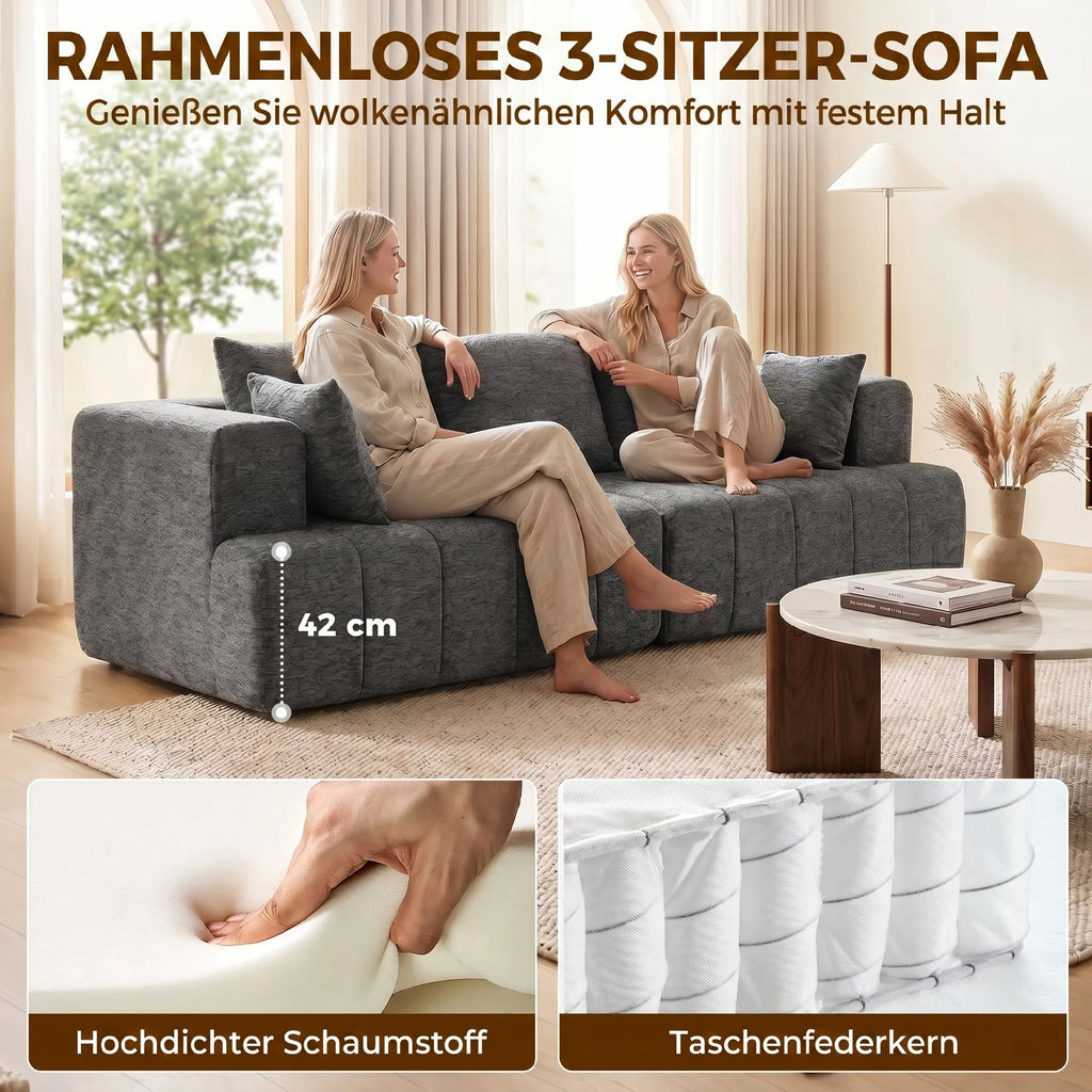 Trivietė sofa, su veliūriniu audiniu ir kišeninėmis spyruoklėmis, pilka