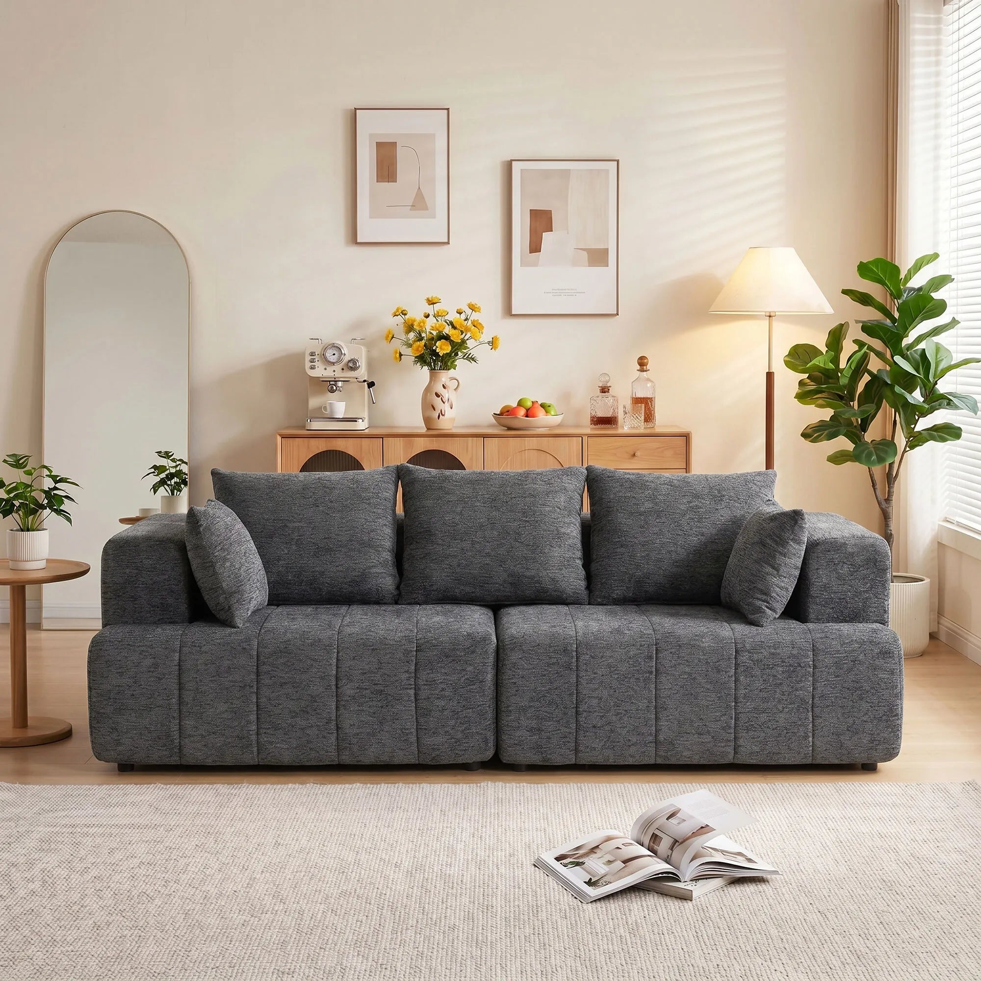 Trivietė sofa, su veliūriniu audiniu ir kišeninėmis spyruoklėmis, pilka