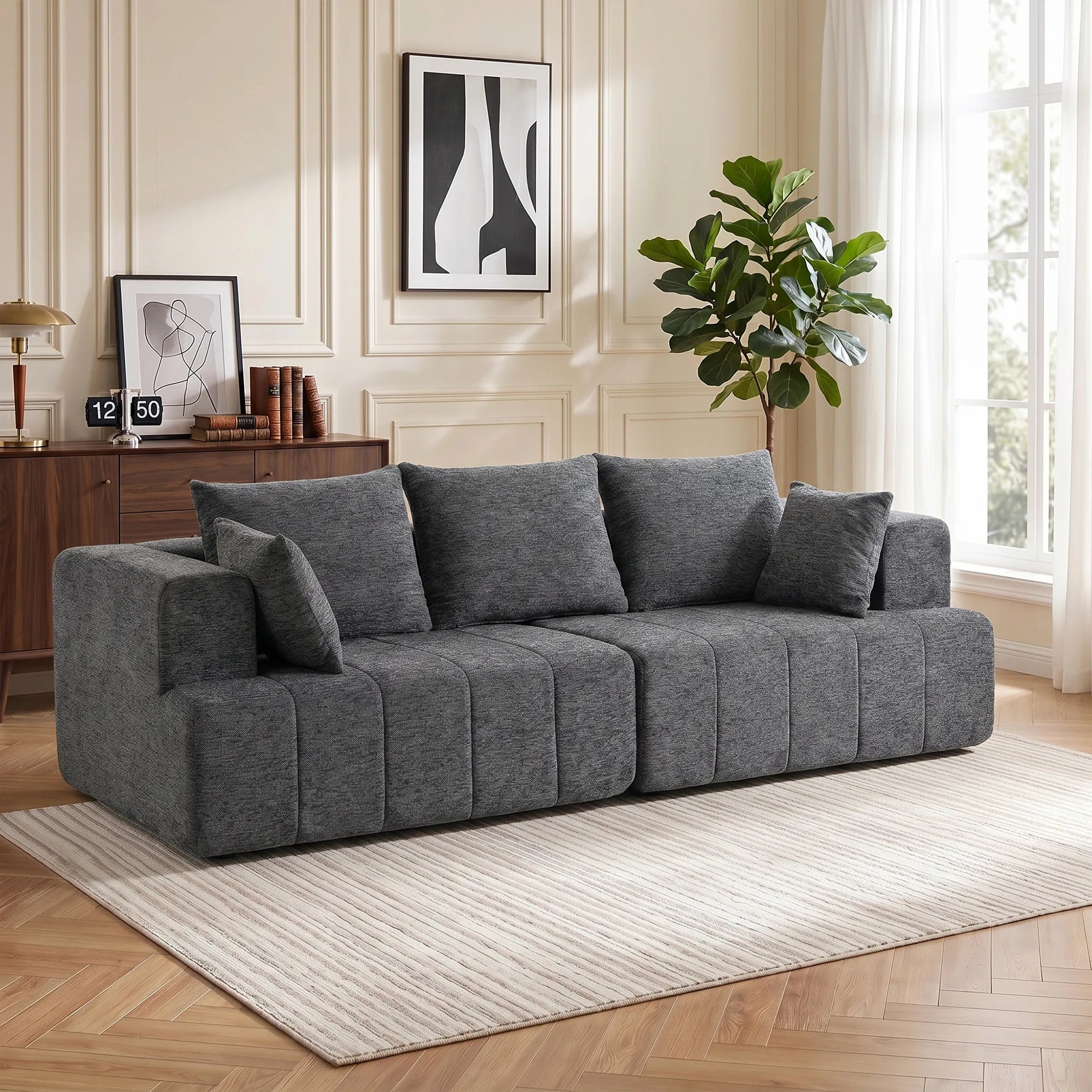 Trivietė sofa, su veliūriniu audiniu ir kišeninėmis spyruoklėmis, pilka