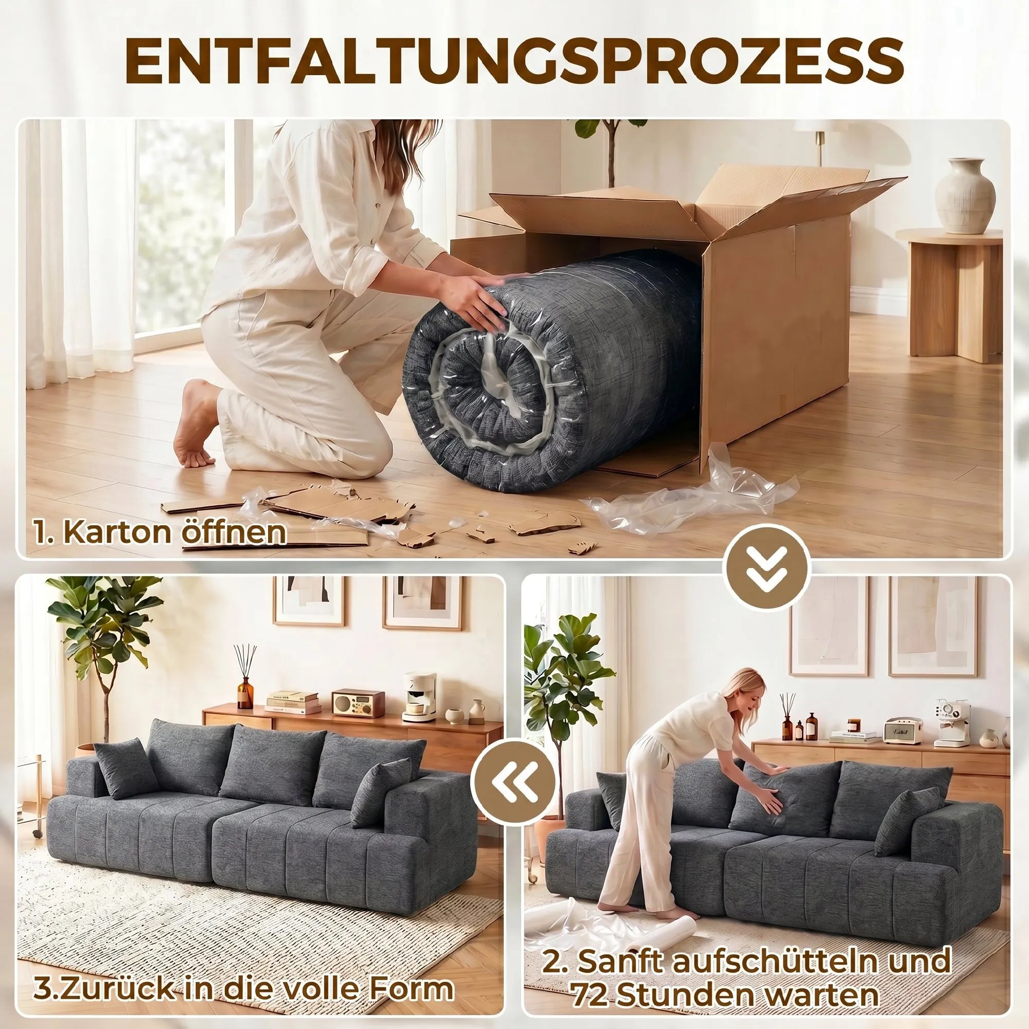 Trivietė sofa, su veliūriniu audiniu ir kišeninėmis spyruoklėmis, pilka