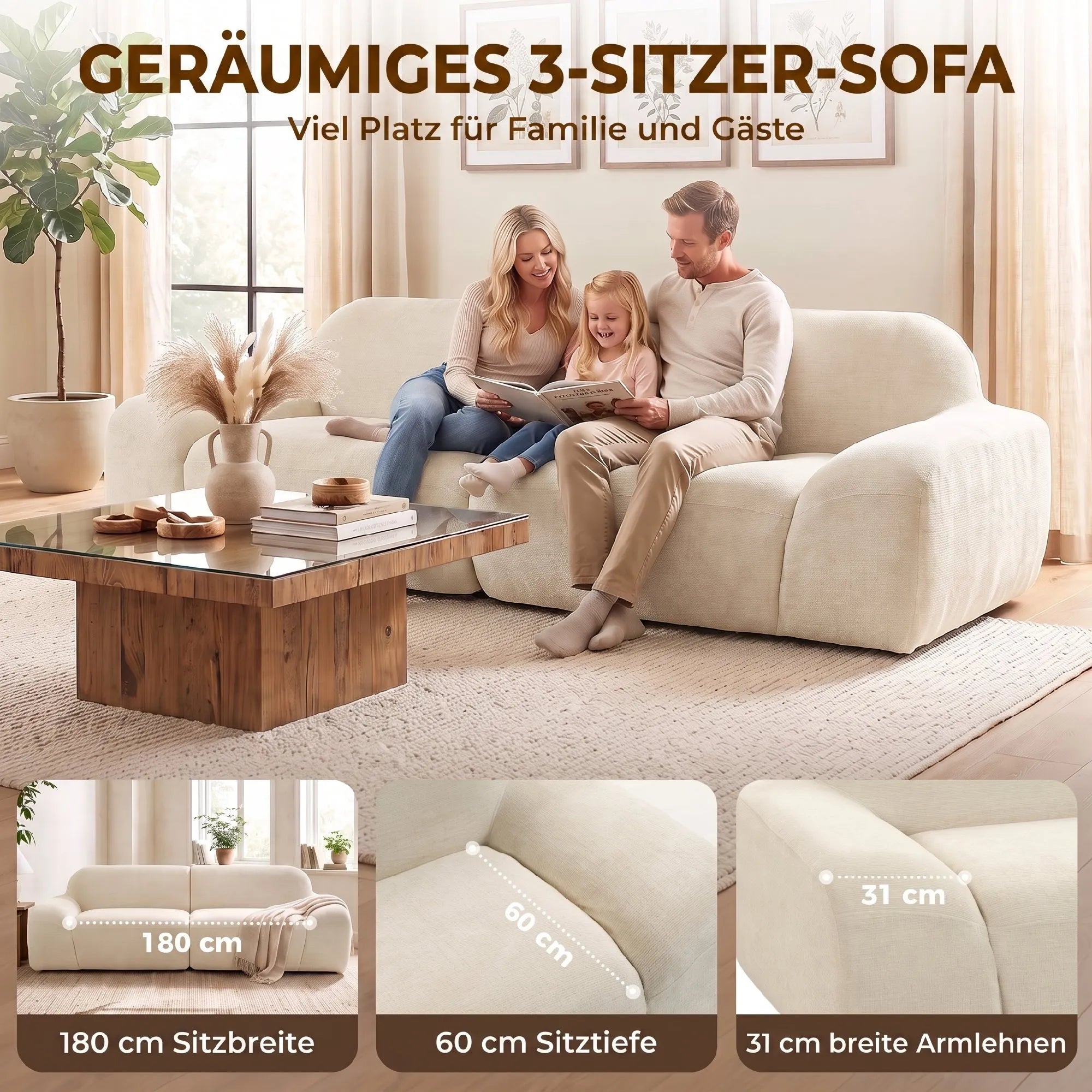Trivietė sofa, suapvalinta, 360 kg apkrova, kreminės baltos spalvos