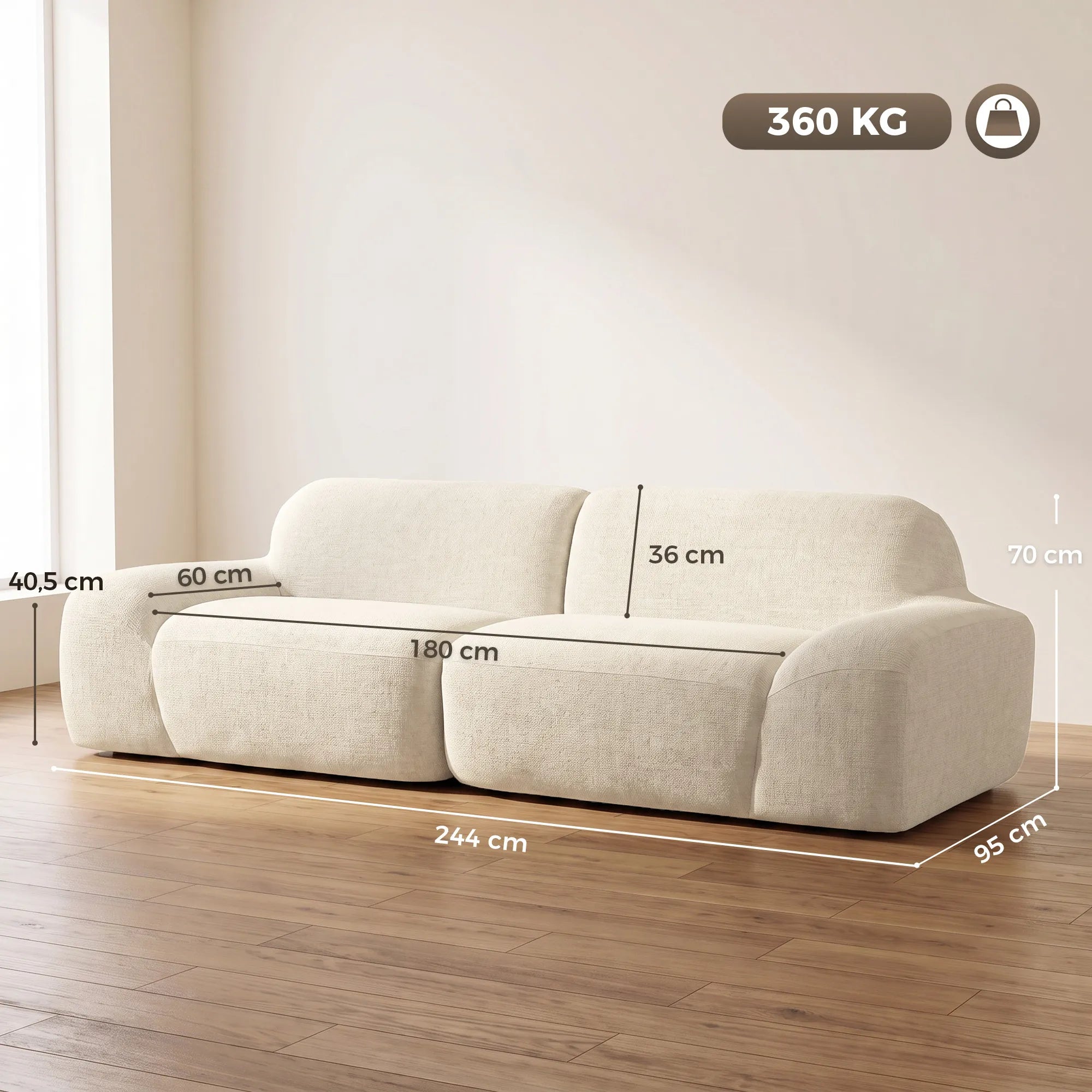 Trivietė sofa, suapvalinta, 360 kg apkrova, kreminės baltos spalvos