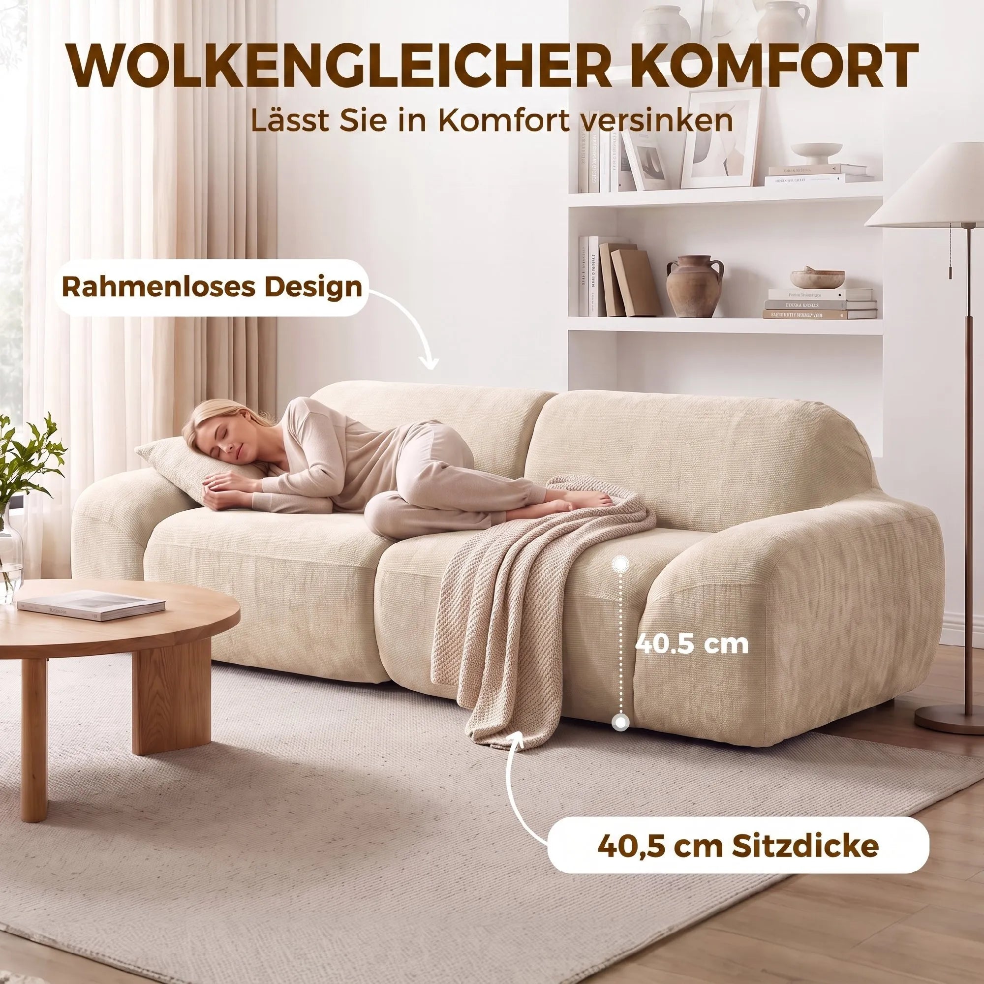 Trivietė sofa, suapvalinta, 360 kg apkrova, kreminės baltos spalvos