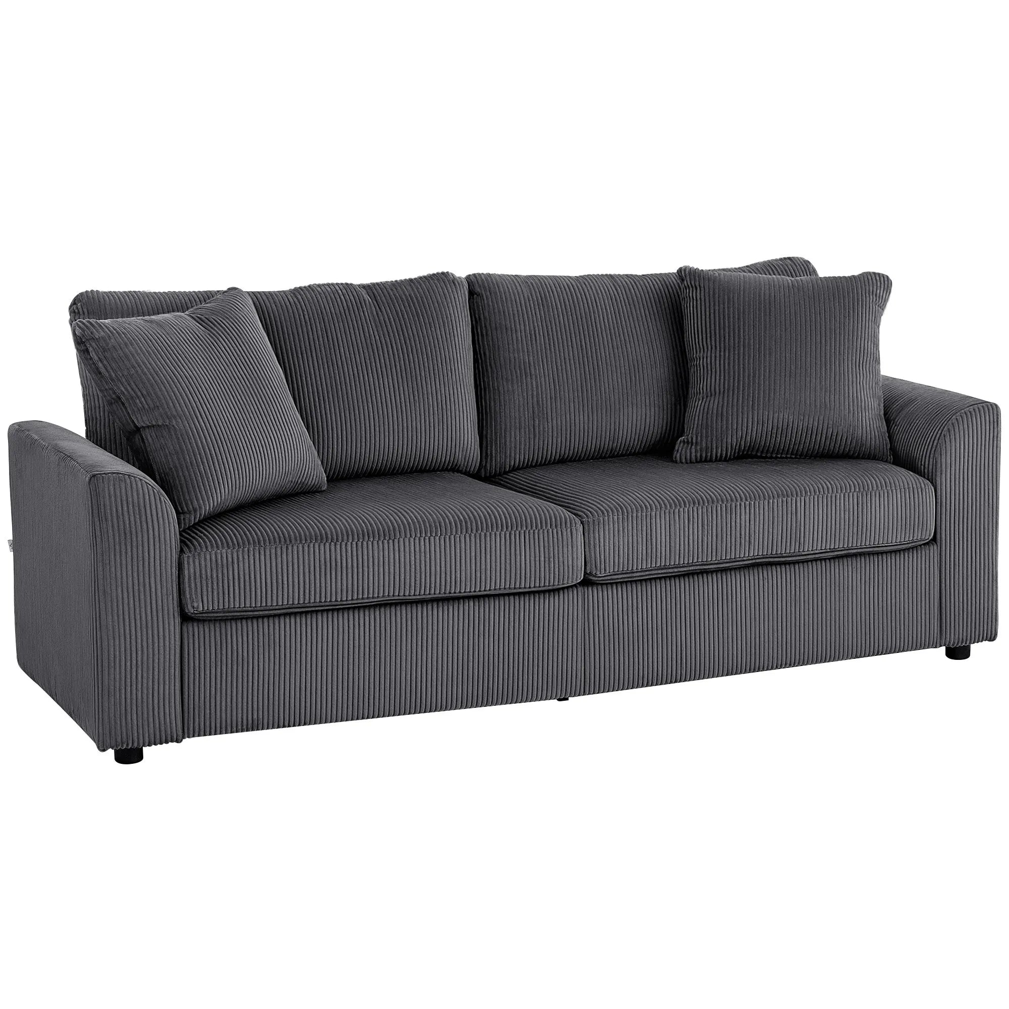 Trivietė velvetinė sofa su dekoratyvinėmis pagalvėlėmis, stambaus pynimo velvetas, 212 cm pločio, tamsiai pilka