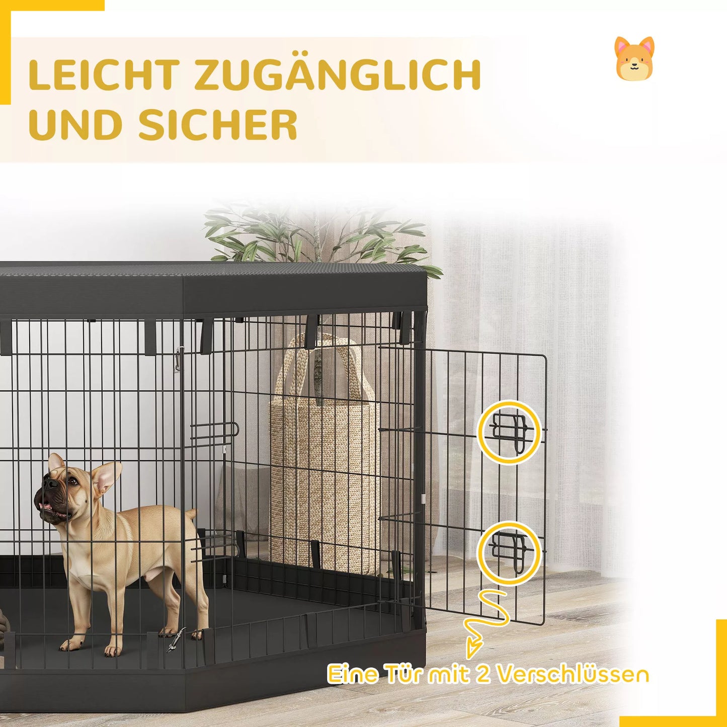 Šuniukų aptvaras, 76 cm aukščio/apie 2,5 m², 8 panelės, grindų danga, kombinuota stogo danga