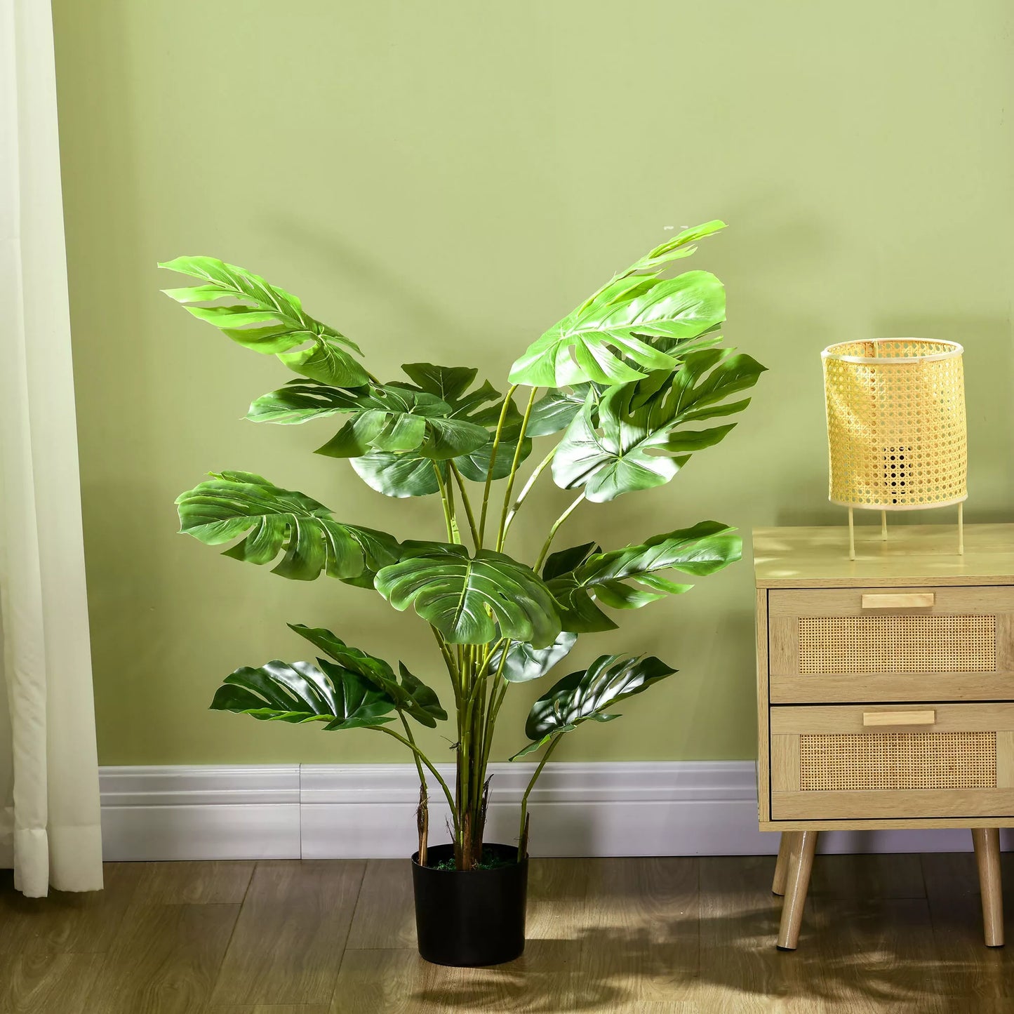 Realus dirbtinis augalas Monstera Deliciosa, 1 dekoratyvinis vazonas ir cemento pagrindas, 17,5 cm x 17,5 cm x 120 cm, žalias