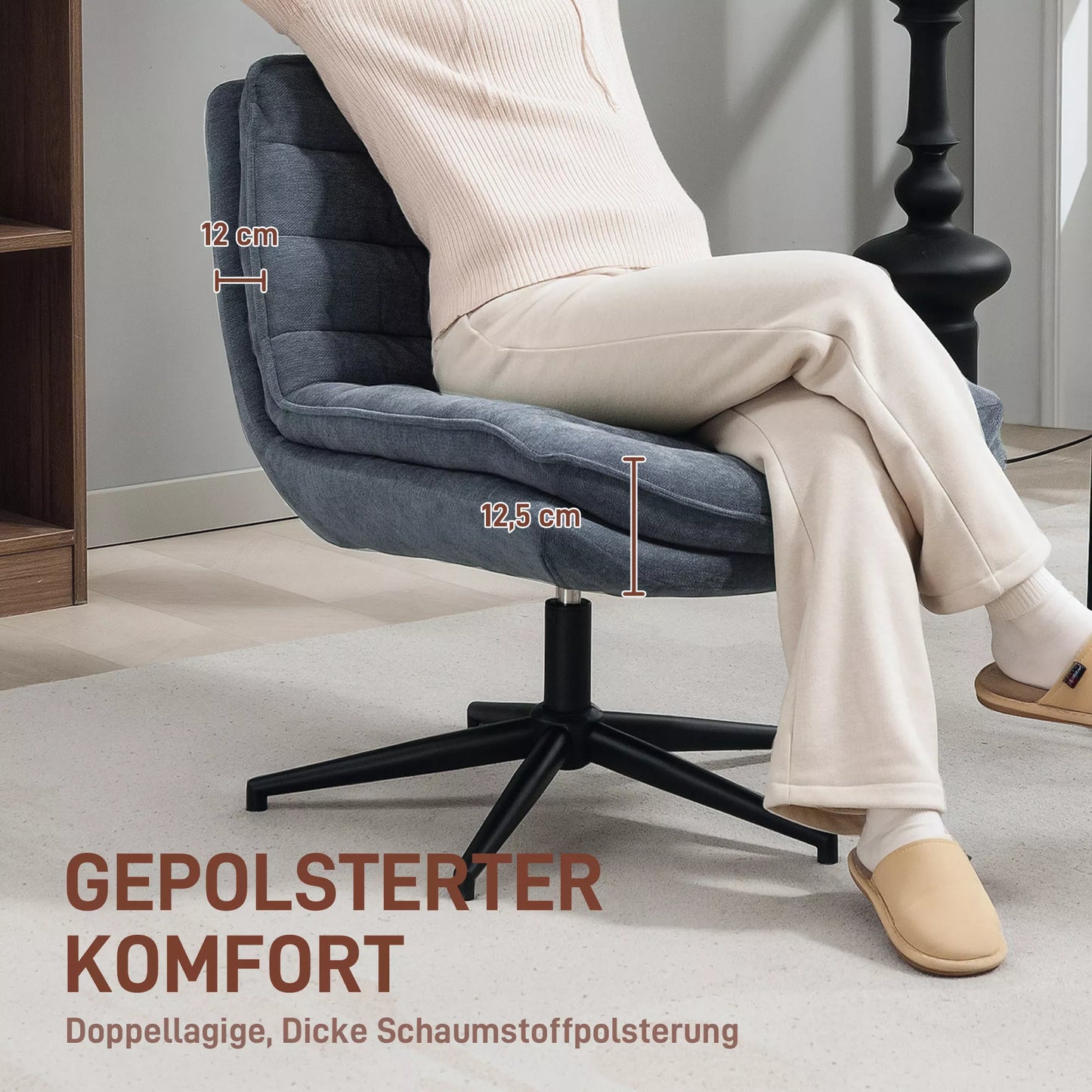 Sukama biuro kėdė su plačia sėdyne, erdvi minkšta kėdė biurui, darbo kambariui, tamsiai pilka