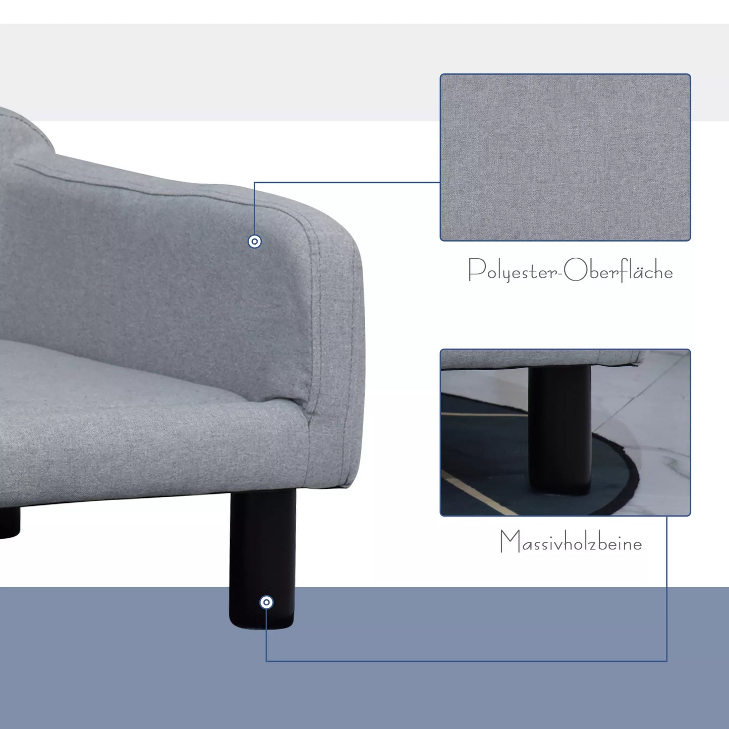 Šunų sofa su minkštu užvalkalu, naminių gyvūnėlių sofa su medinėmis kojelėmis, šunų guolis 82 x 54 x 36 cm