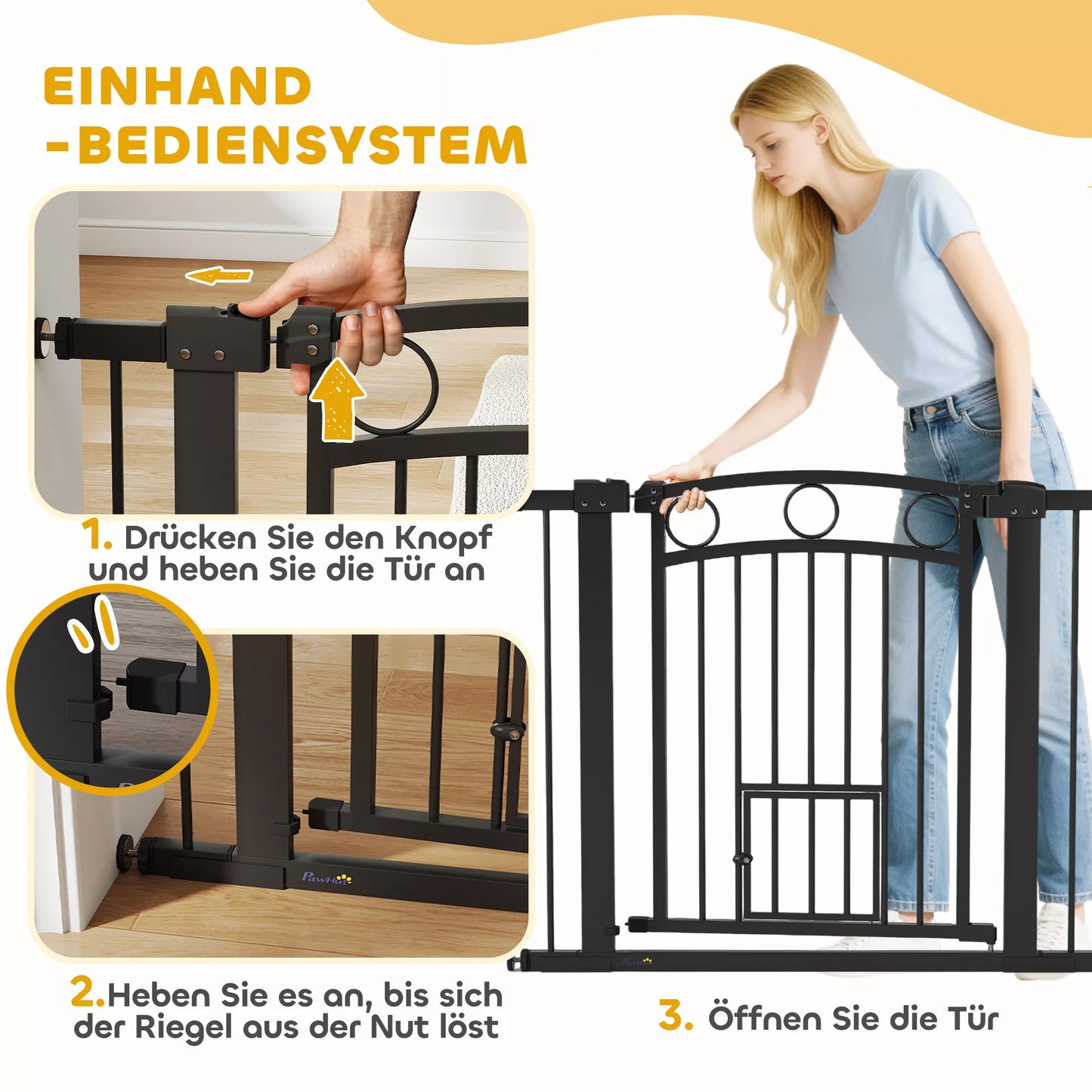 Gyvūnėlio varteliai, 77 cm Laiptų varteliai, reguliuojamas plotis 76-104 cm, su katės durelėmis, skirti laiptams ir durų angoms, Juodi