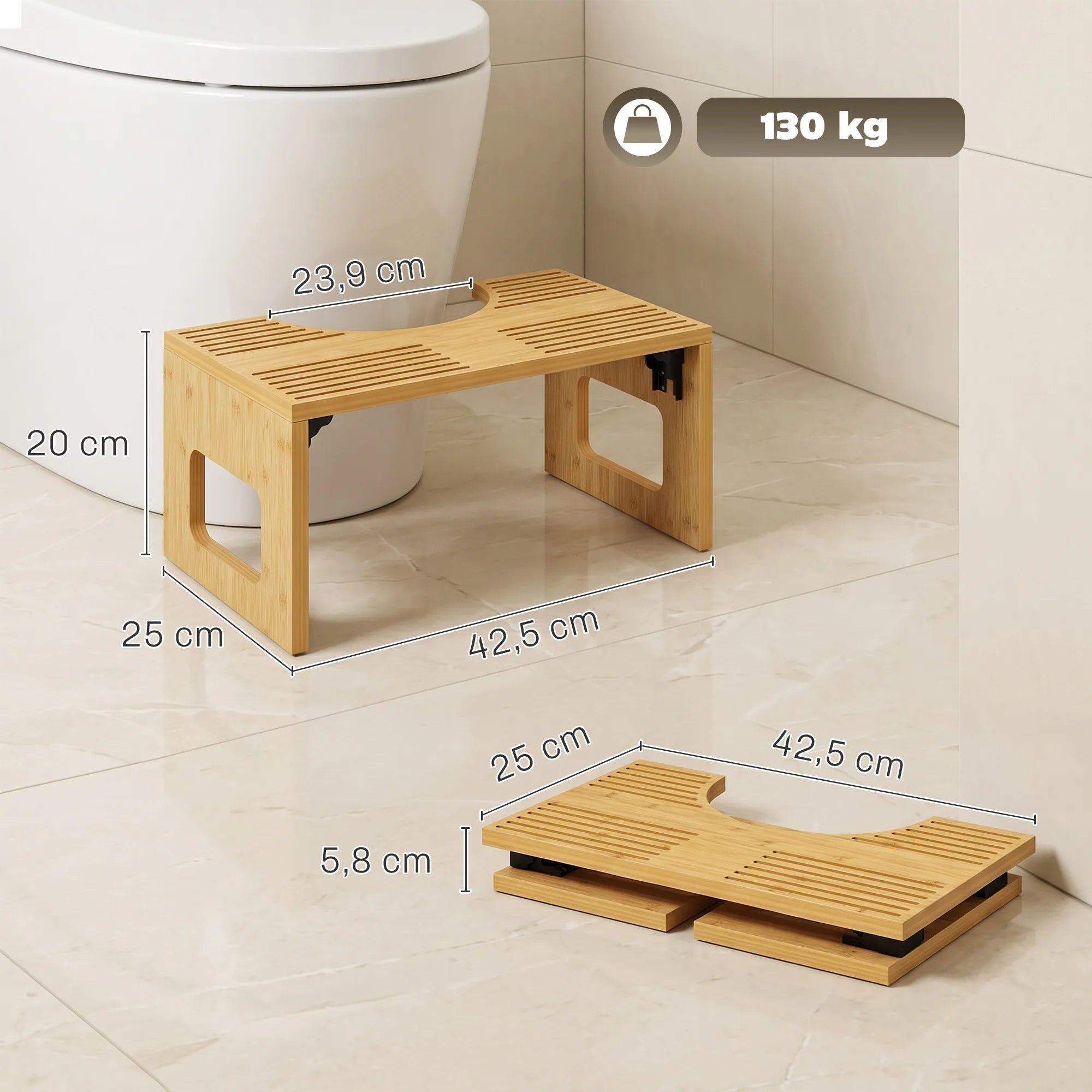 Tualeto pakojo matmenų schema: 42,5x25x20 cm, iki 130 kg