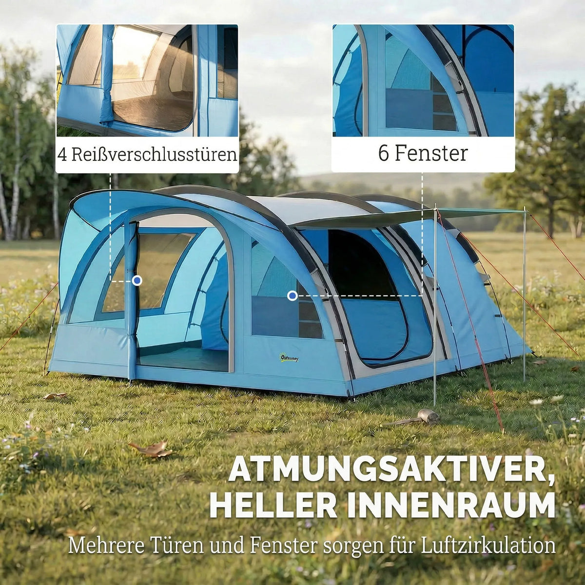 Tunelinė palapinė 4 asmenims su miegamuoju, prielangiu ir pertvara, pilkai žydra
